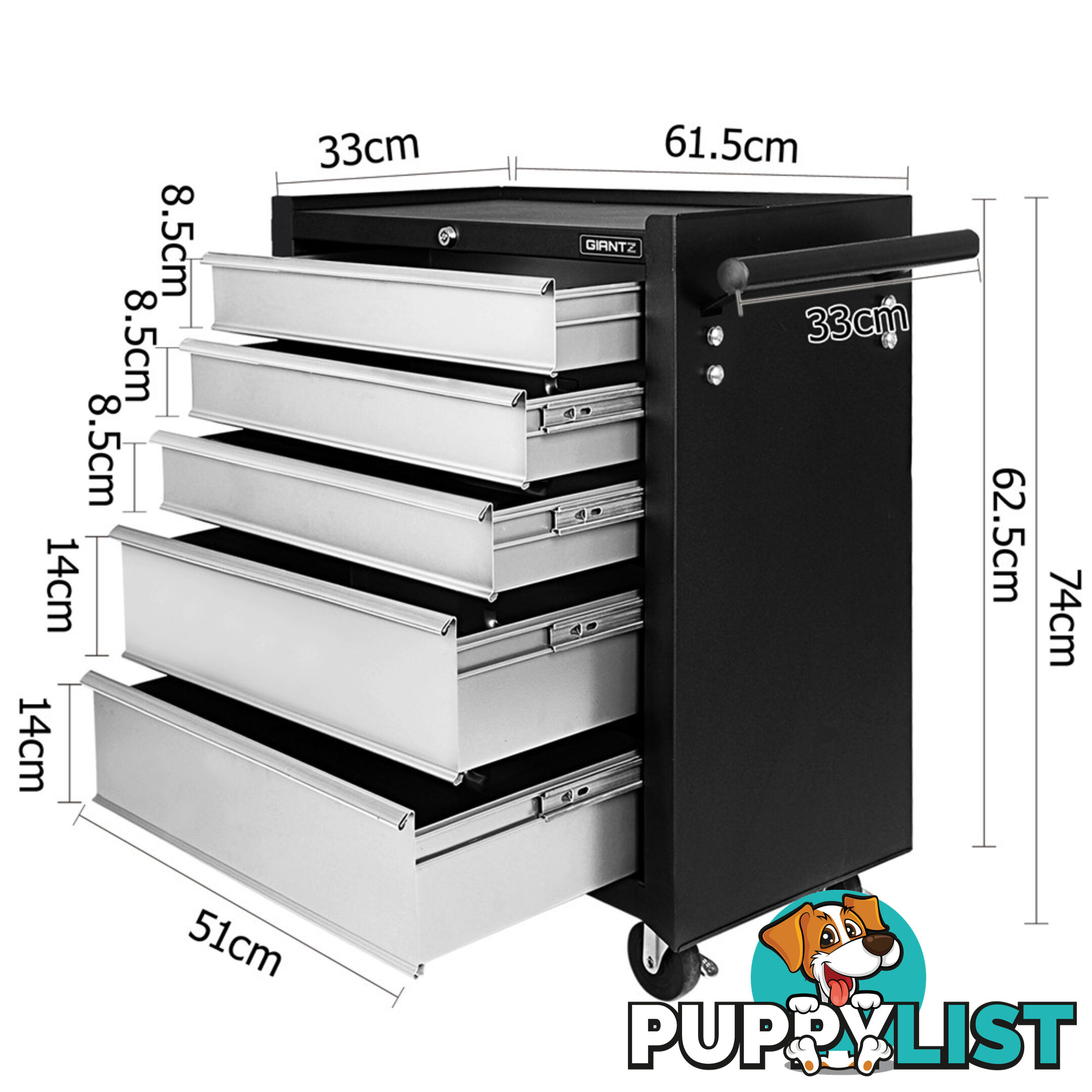 5 Drawers Roller Toolbox Cabinet  Black Grey