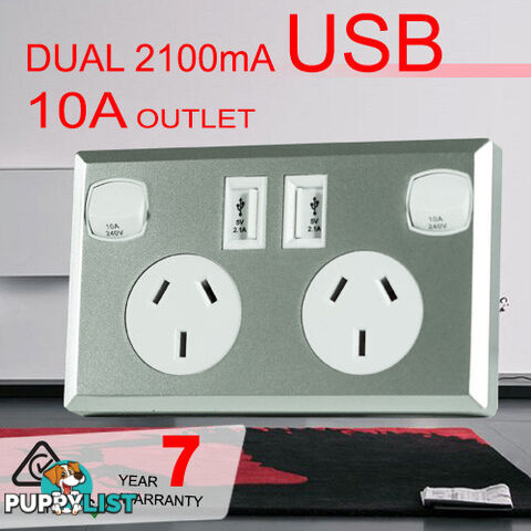 10A Double Australian USB Power Point Supply 2 Socket Switch Wall Plug Silver