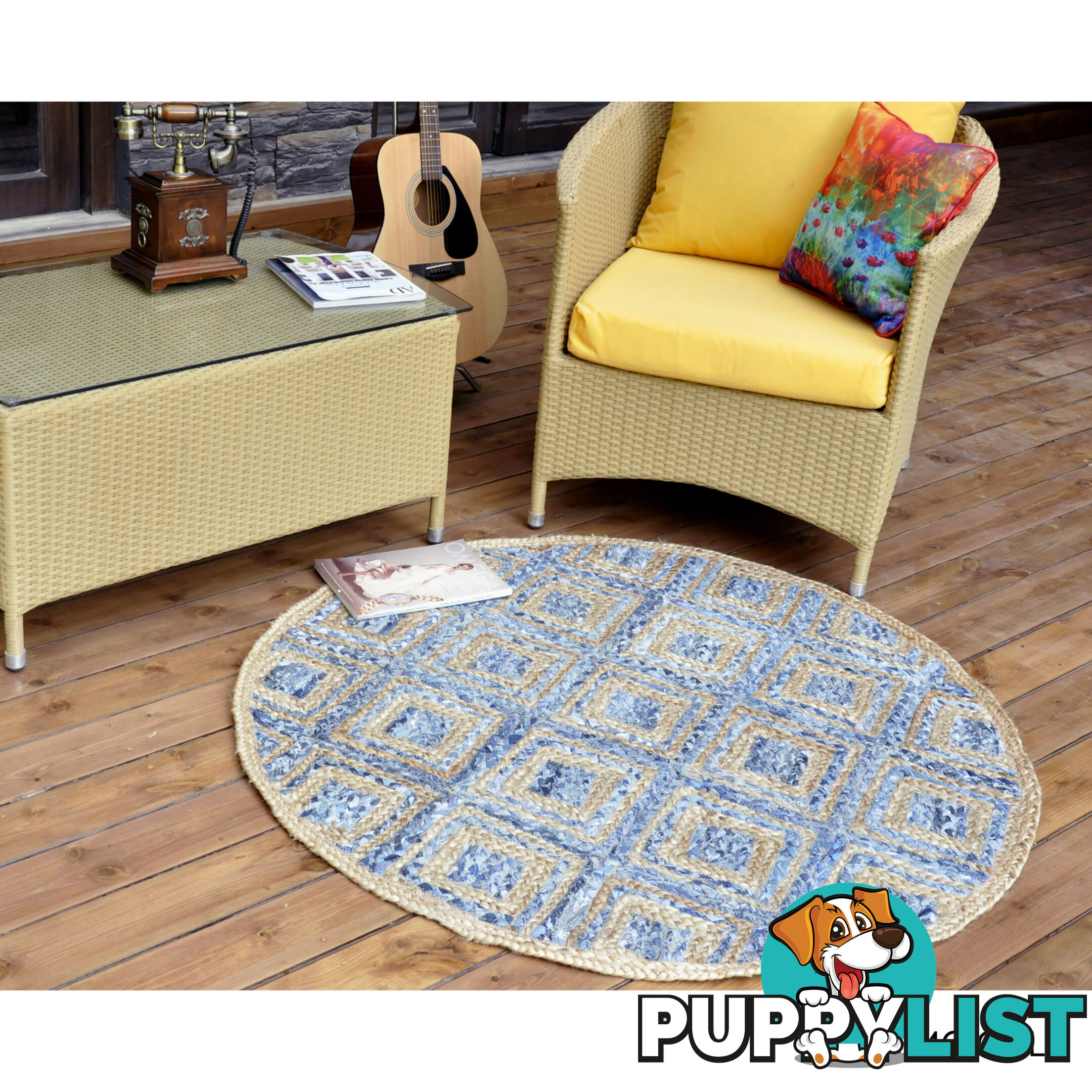 Diamond Denim Rug Natural & Denim Blue 120x120cm