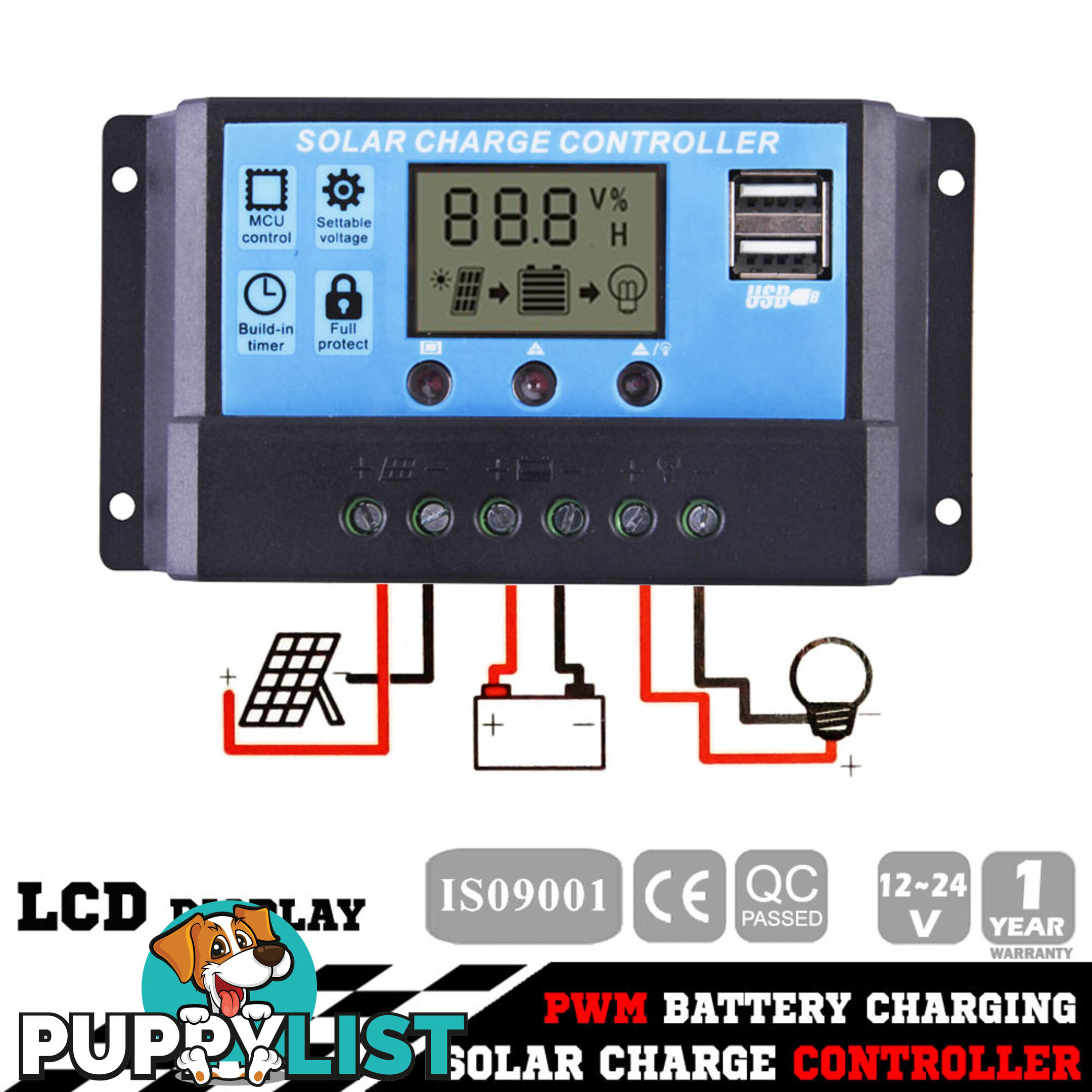 12V-24V 20A LCD Display PWM Solar Panel Regulator Charge Controller Timer PWN