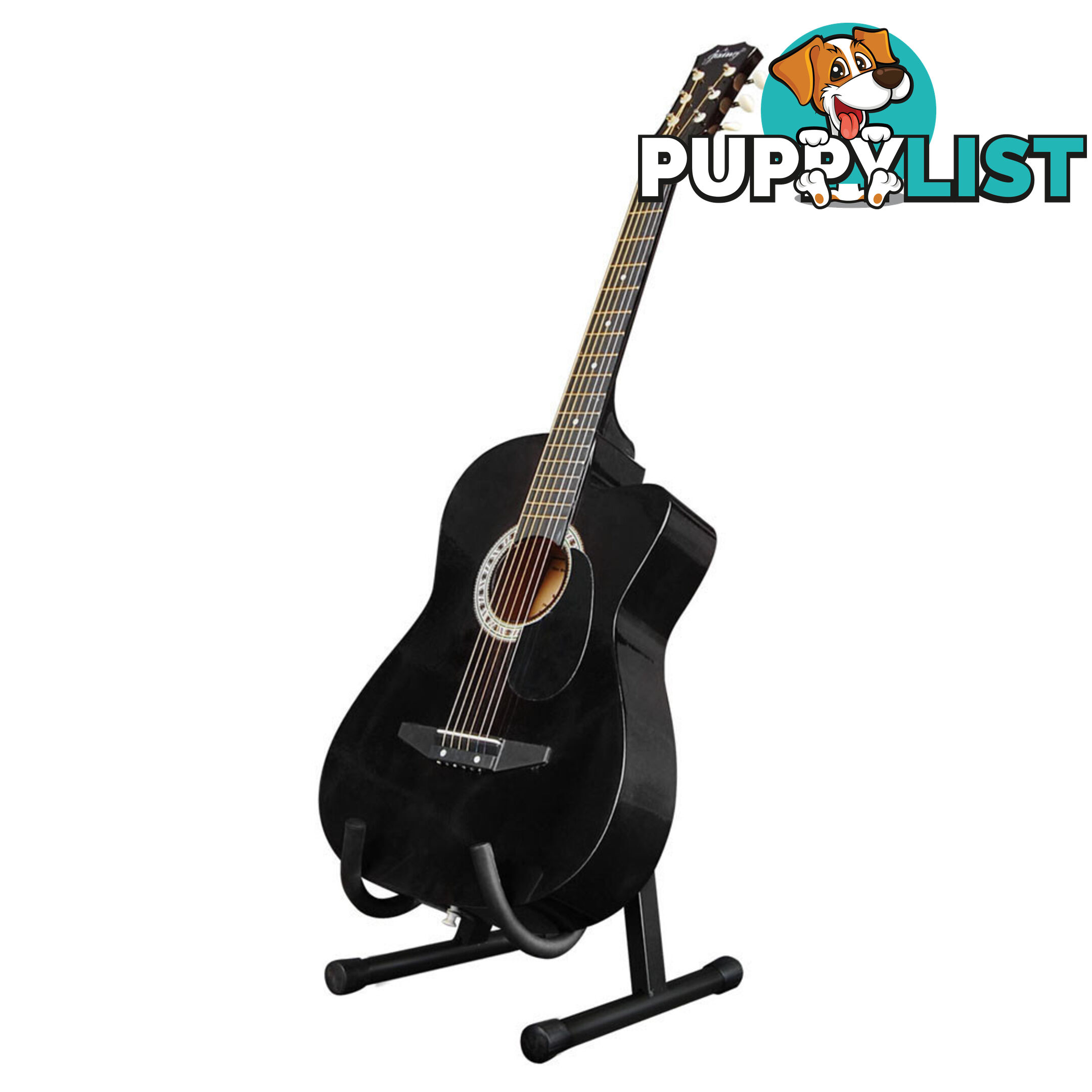 Acoustic Cutaway Guitar Black w/ Steel String Stand Strap