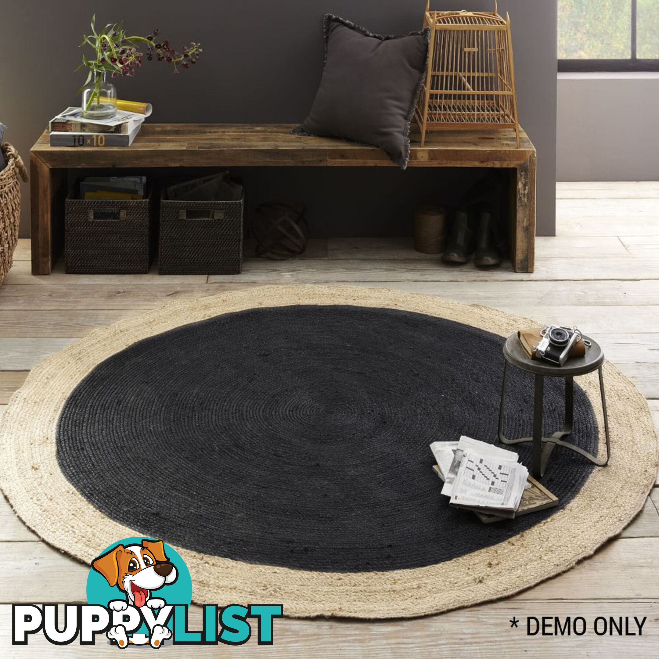 Jute Round Black Rug Black & Natural 200x200cm