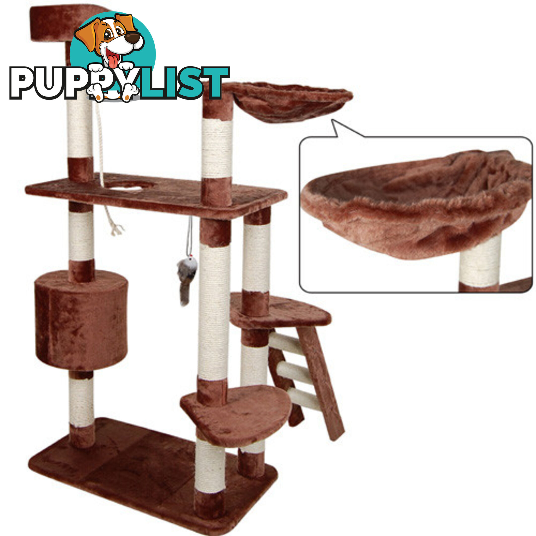 Multi Level Cat Scratching Poles Tree w/ Ladder Brown