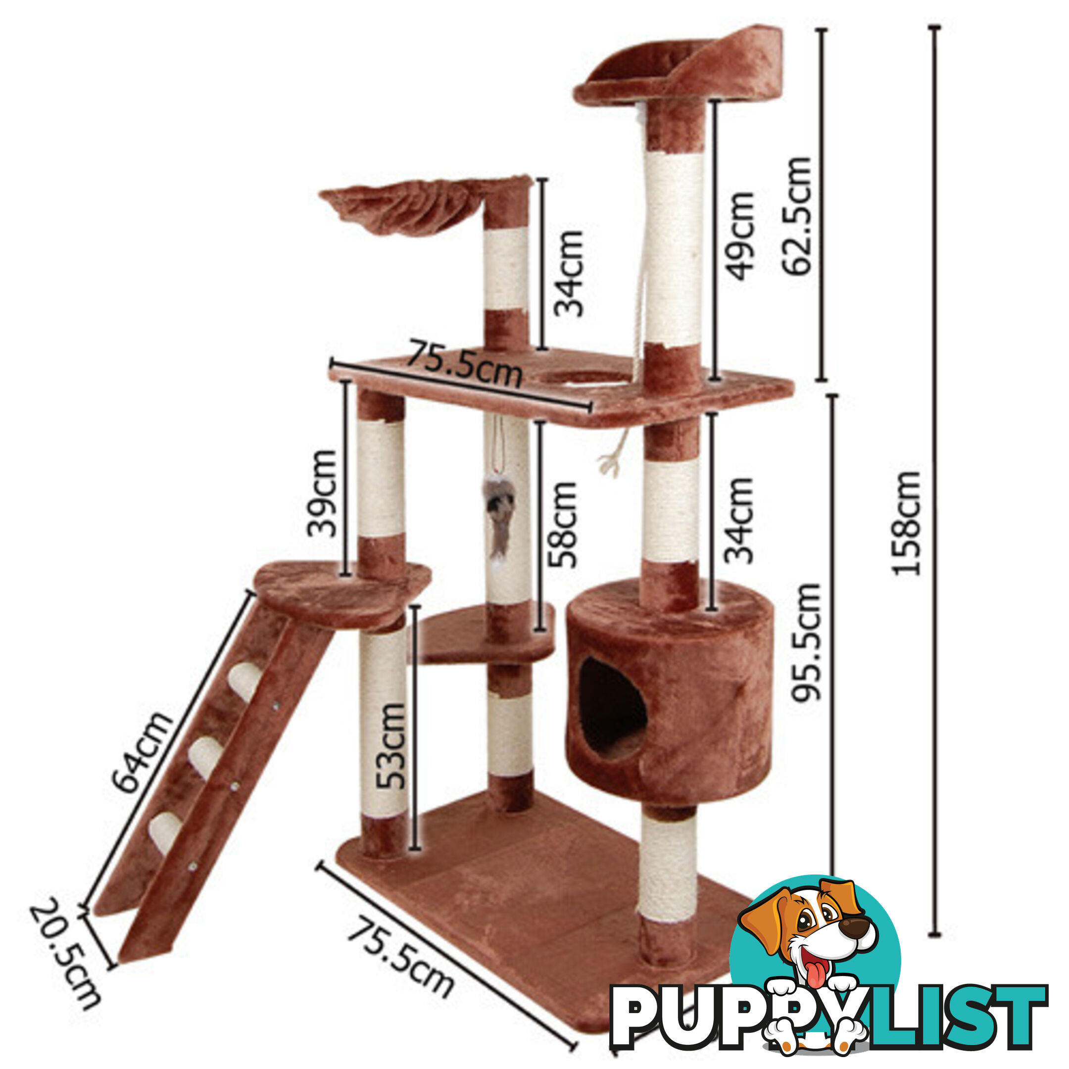 Multi Level Cat Scratching Poles Tree w/ Ladder Brown