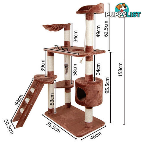 Multi Level Cat Scratching Poles Tree w/ Ladder Brown