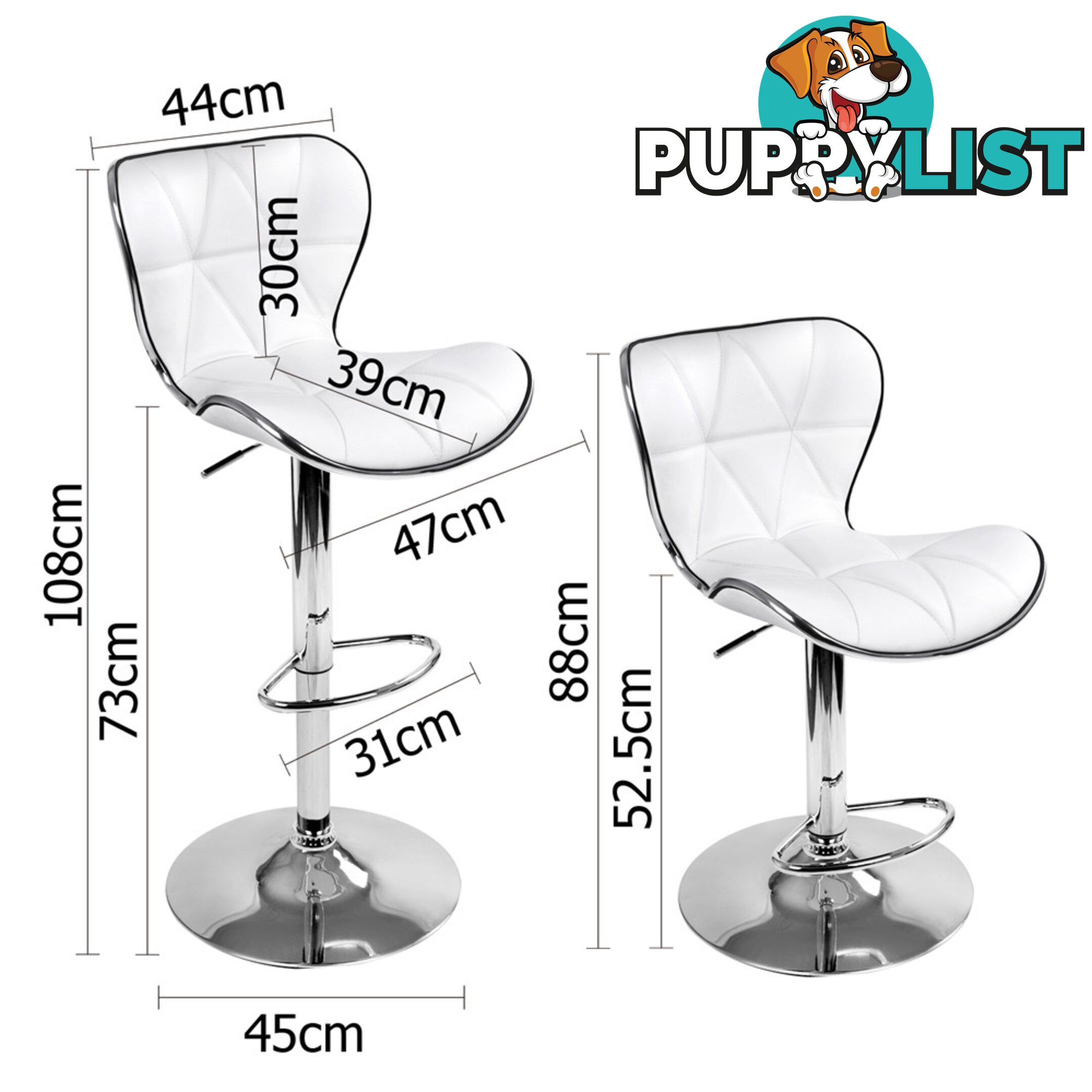 Set of 2 PU Leather Kitchen Bar Stool White