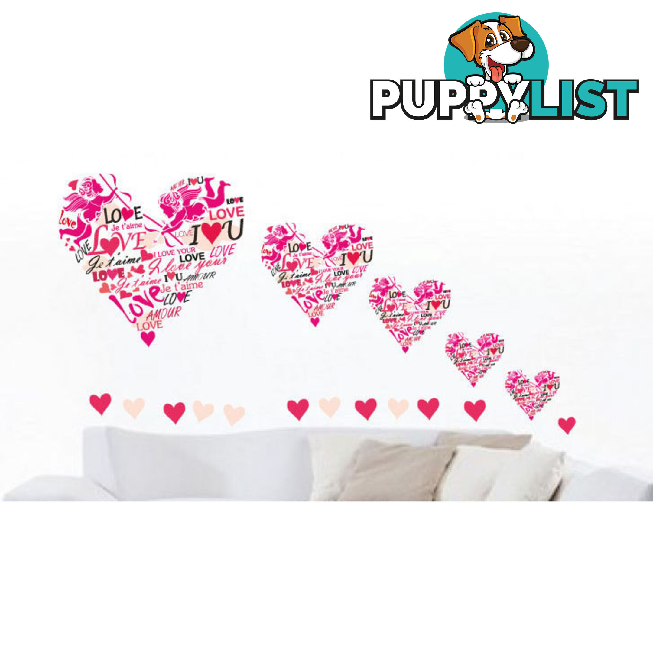 Large Size Pink Cupid Love Hearts Wall Stickers - Totally Movable