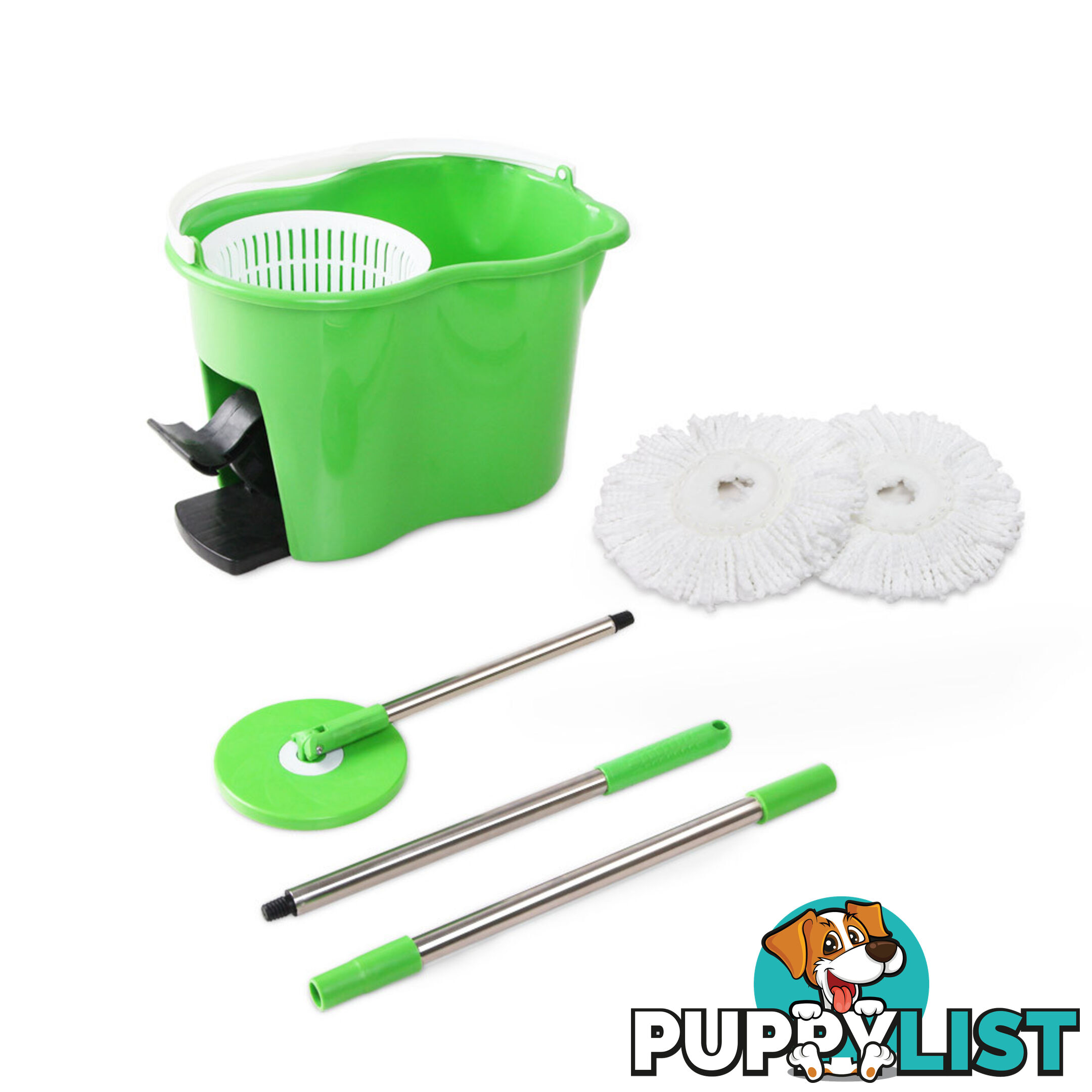 360 Degree Spinning Mop Microfibre Spin Dry Bucket with 2 Mop Heads - Green