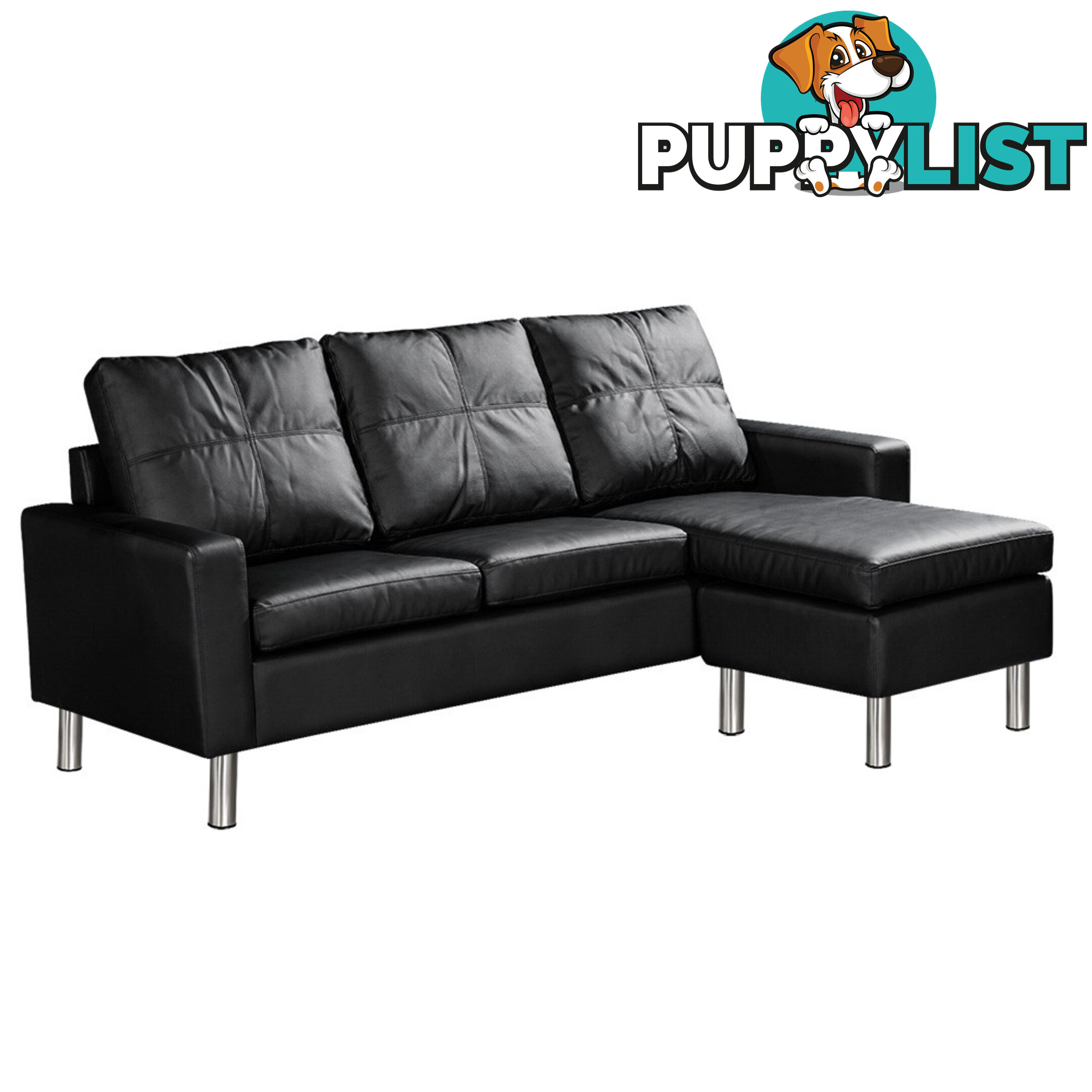 Four Seater Faux Leather Sofa with Ottoman Black