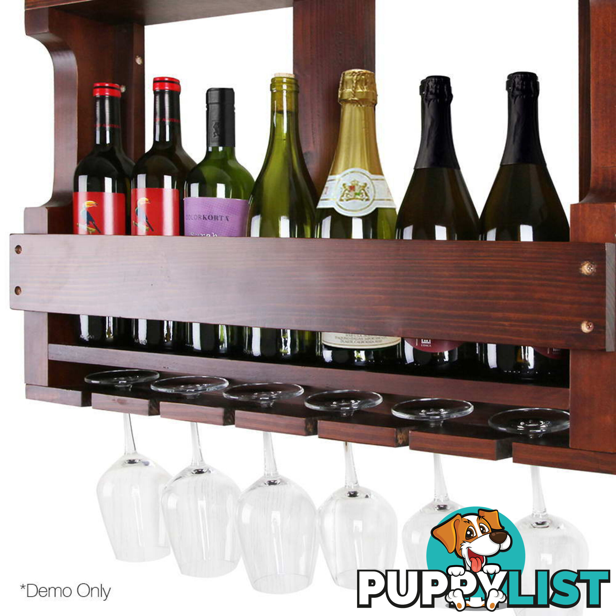 7 Bottle Wall Mounted Wine & Glass Rack - Natural