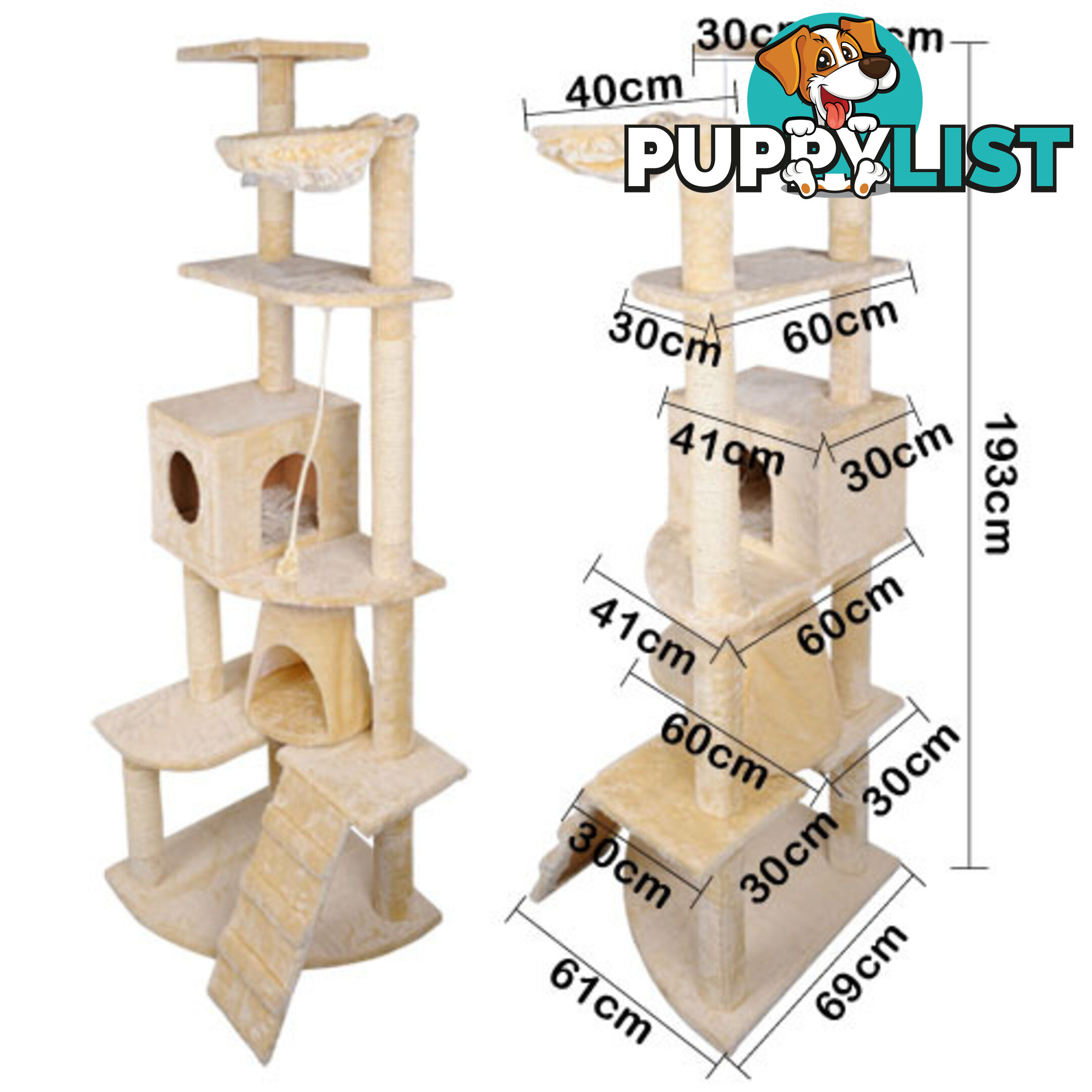 Multi Level Cat Scratching Poles Tree w/ Ladder Beige