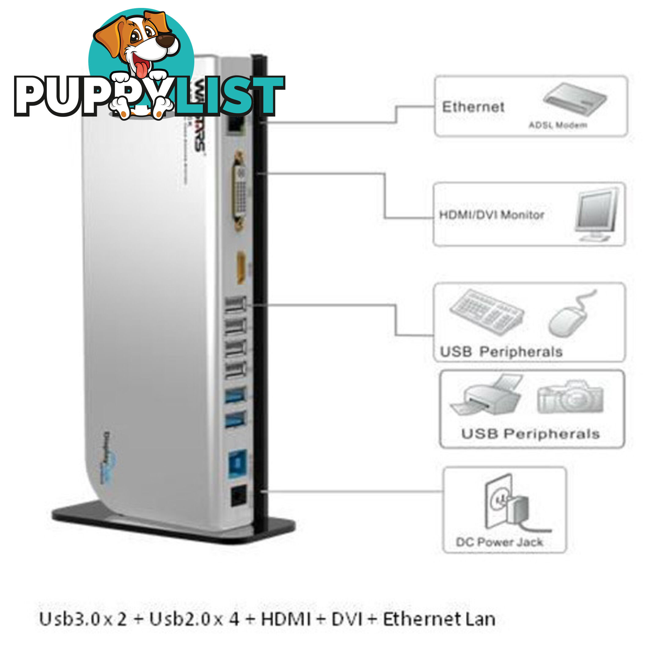 Winstars 7 Port USB 3.0 Hub with Power Adapter