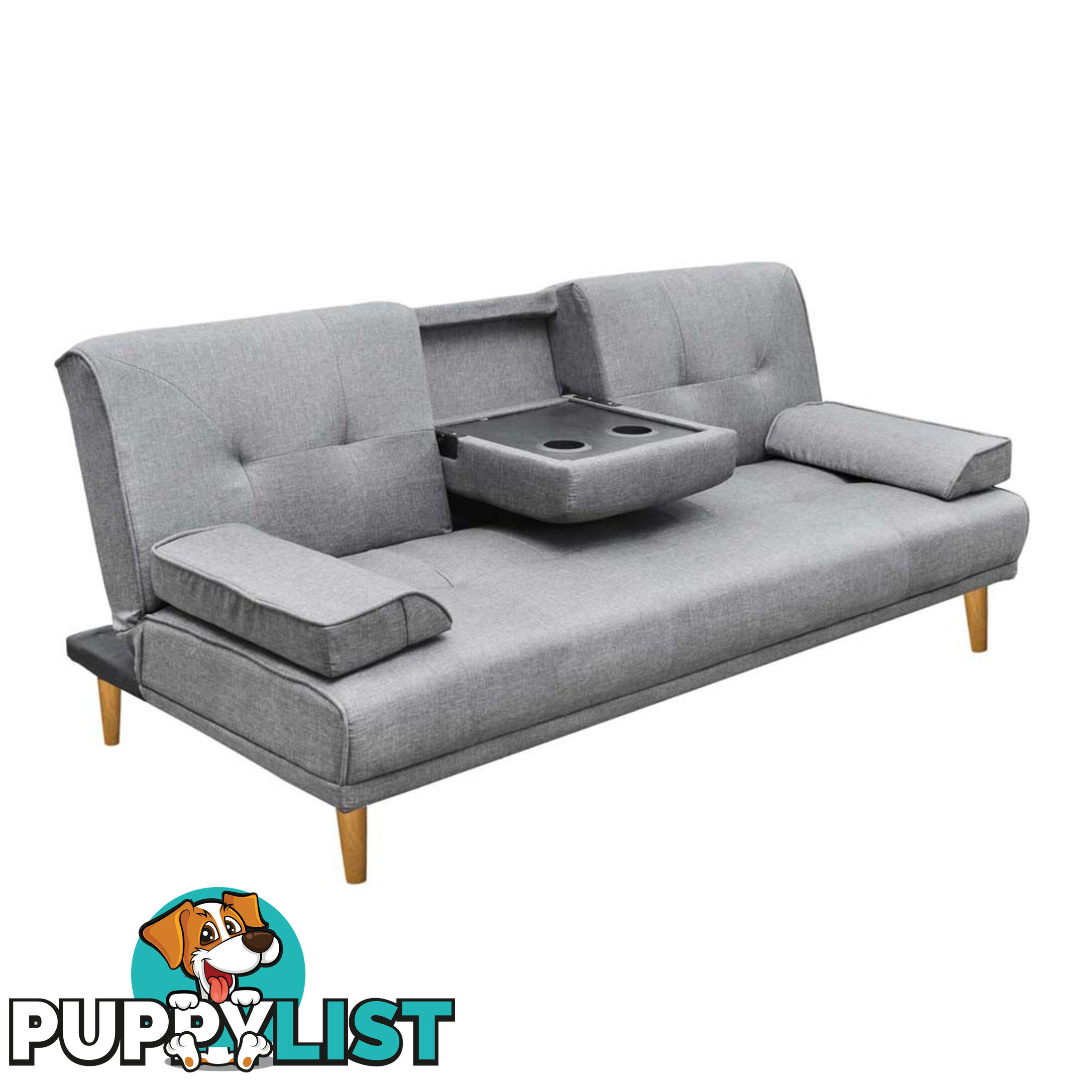 3 Seater Linen Fabric Sofa Bed w/ 2 Cup Holder Grey