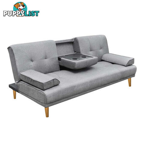 3 Seater Linen Fabric Sofa Bed w/ 2 Cup Holder Grey