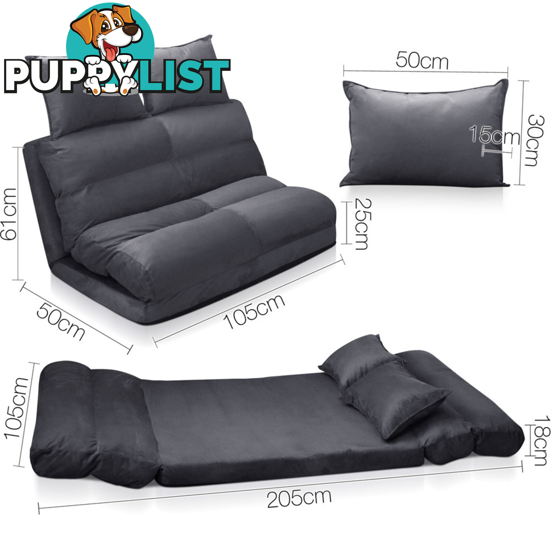 Double Size Adjustable Lounge Sofa - 5 positions Charcoal