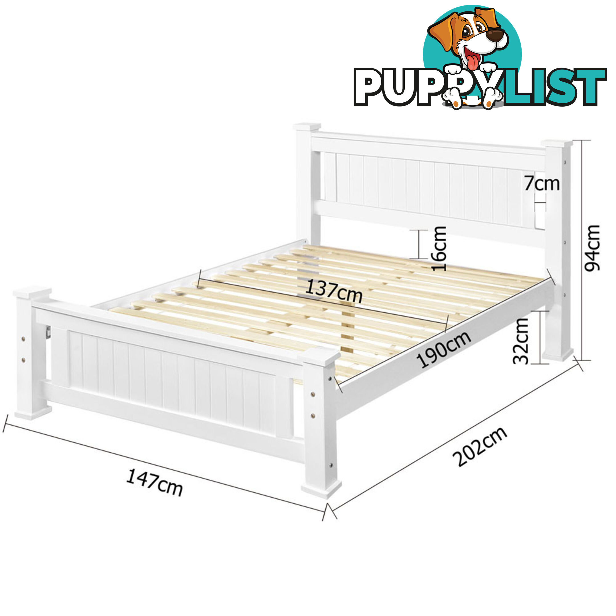 Wooden Bed Frame Pine Wood Queen White