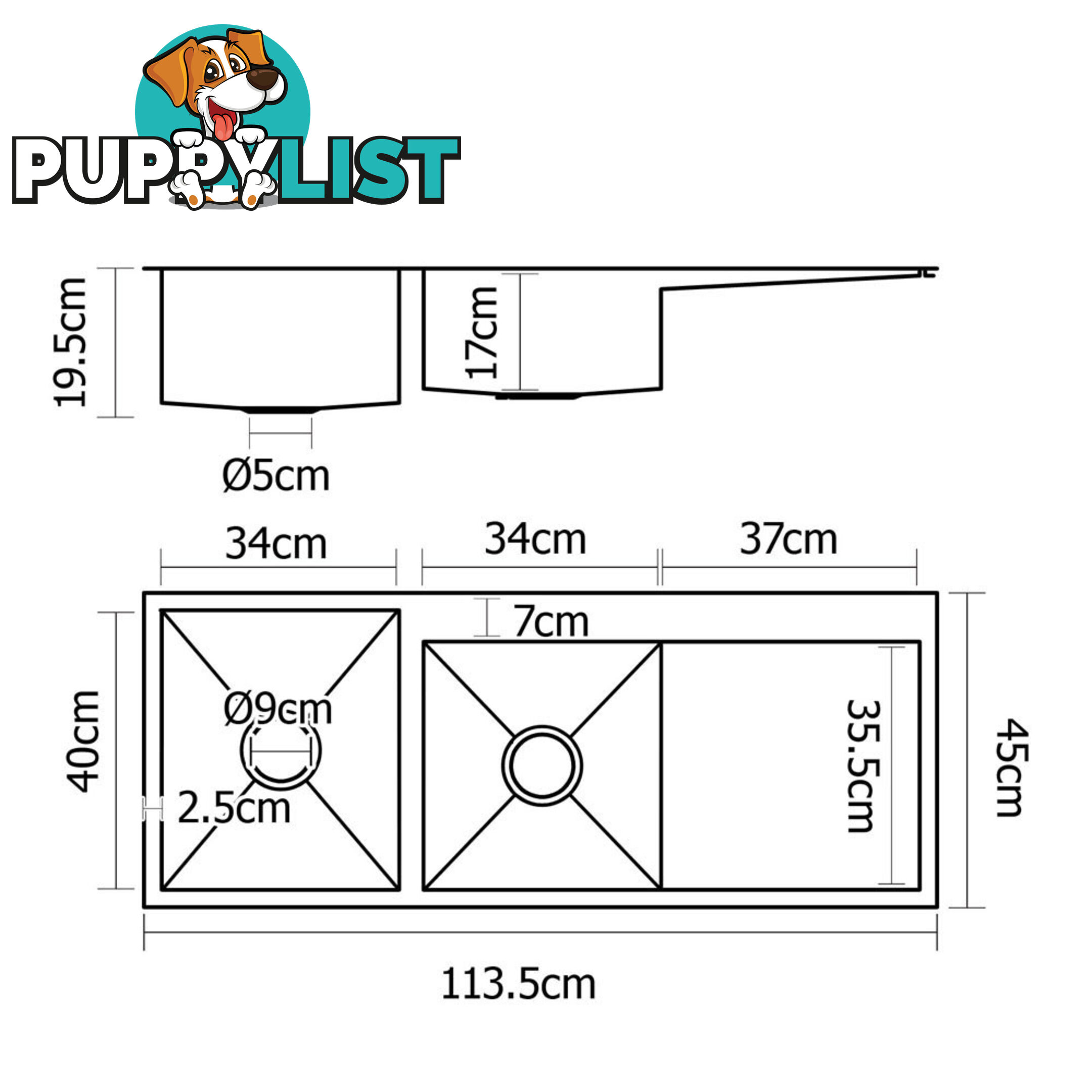 Stainless Steel Kitchen/Laundry Sink w/ Strainer Waste 440 x 440 mm