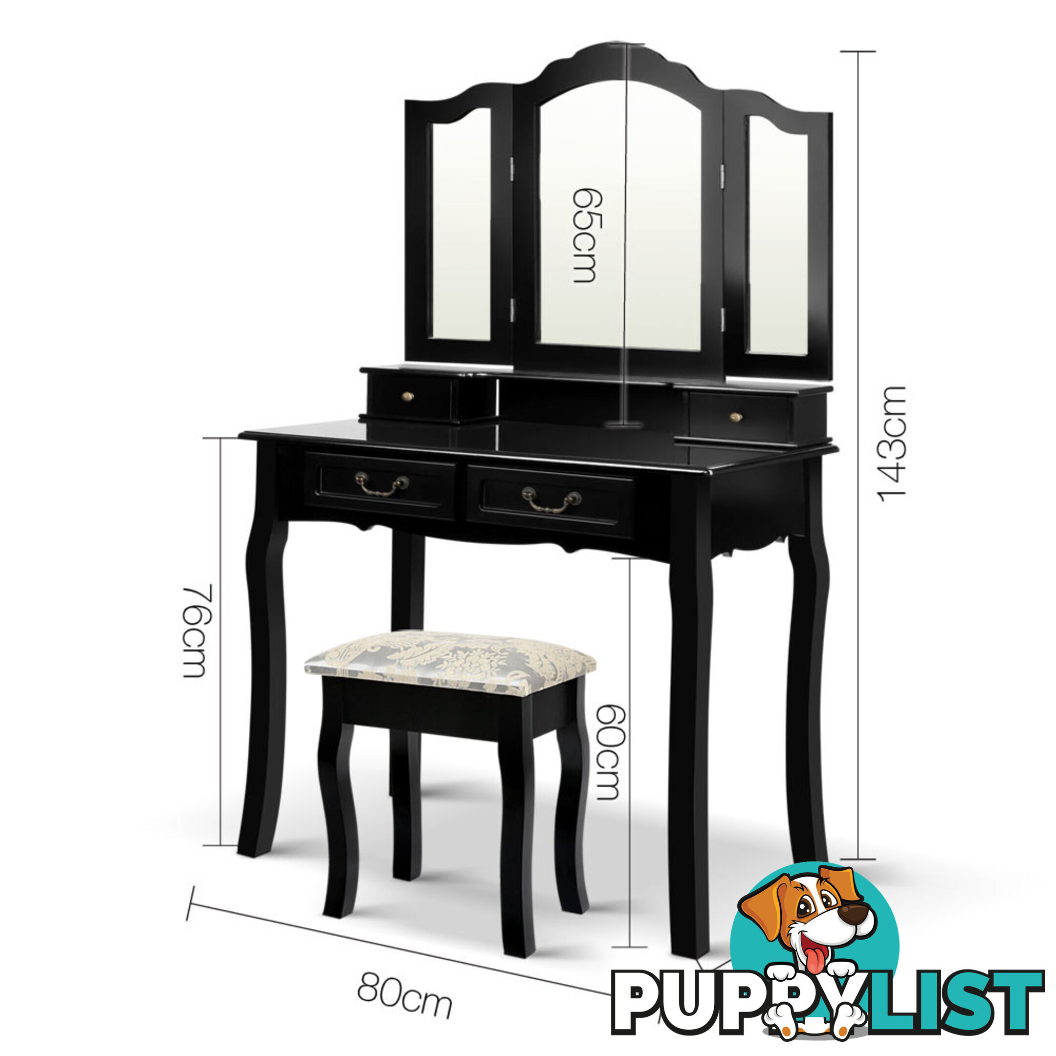 4 Drawer Dressing Table with Mirror - Black