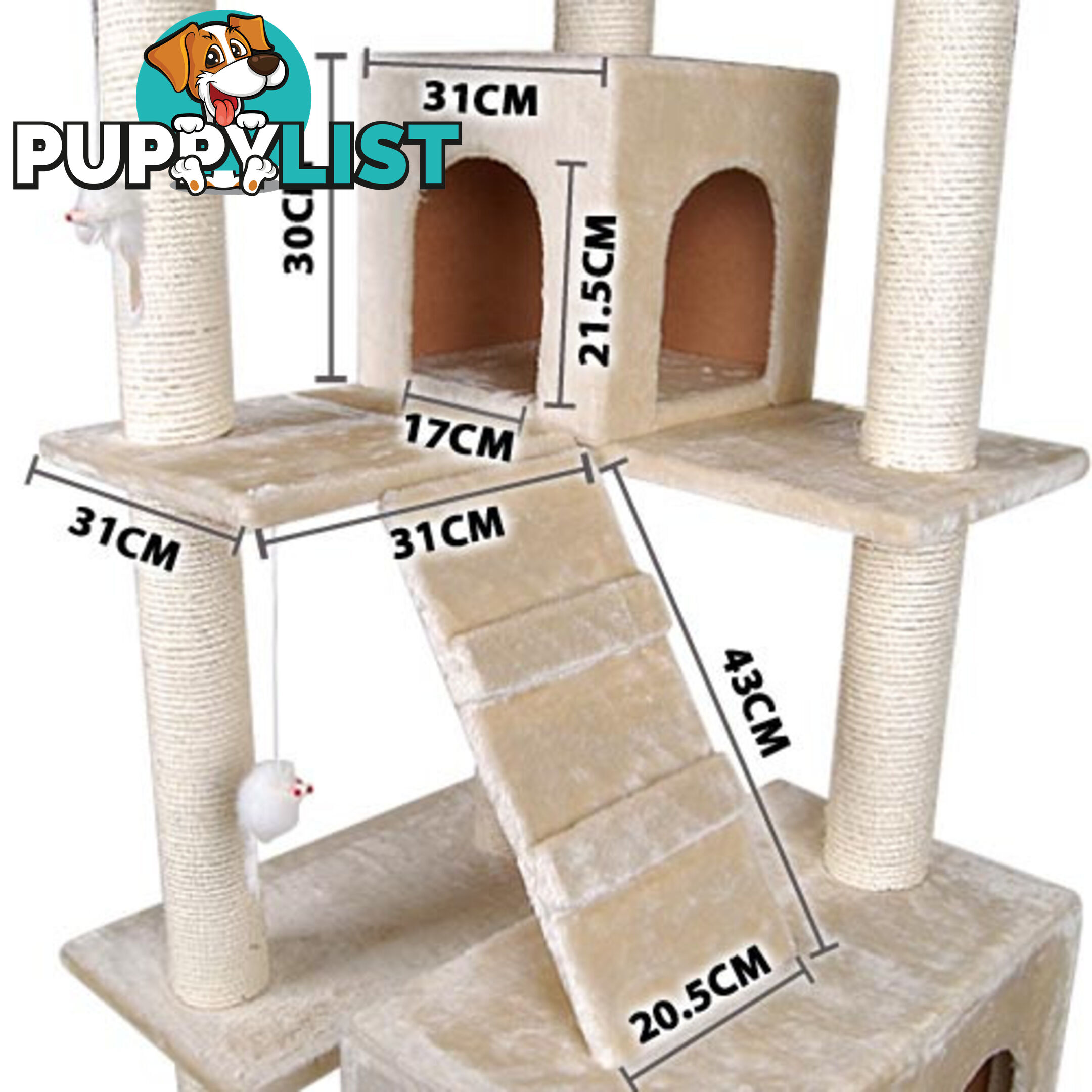 Multi Level Cat Scratching Poles Tree w/ Ladder Beige