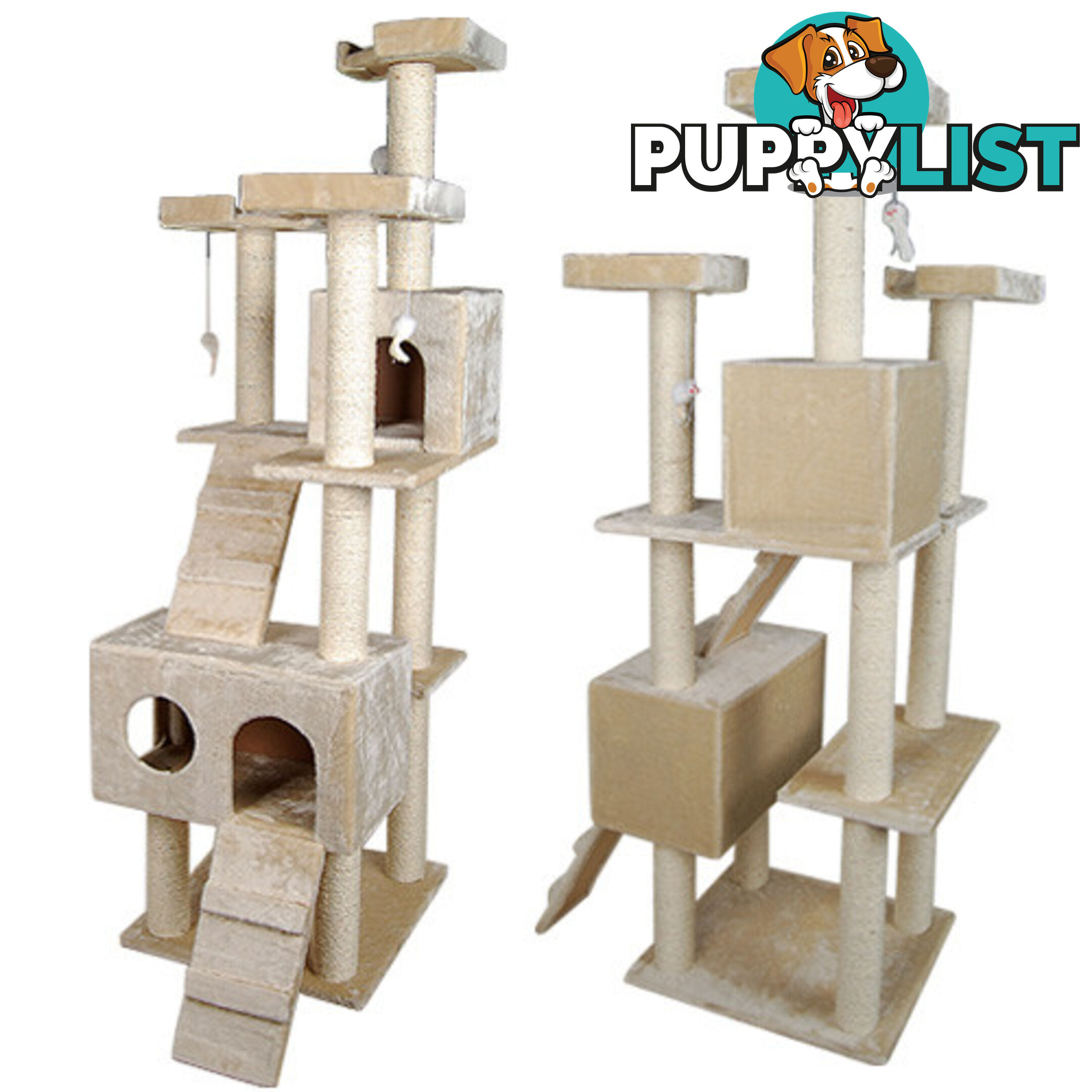 Multi Level Cat Scratching Poles Tree w/ Ladder Beige