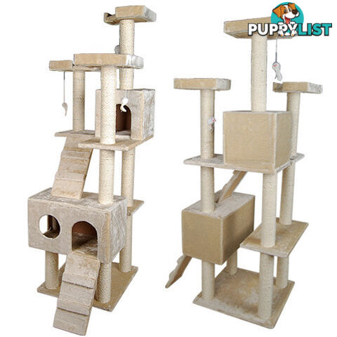 Multi Level Cat Scratching Poles Tree w/ Ladder Beige