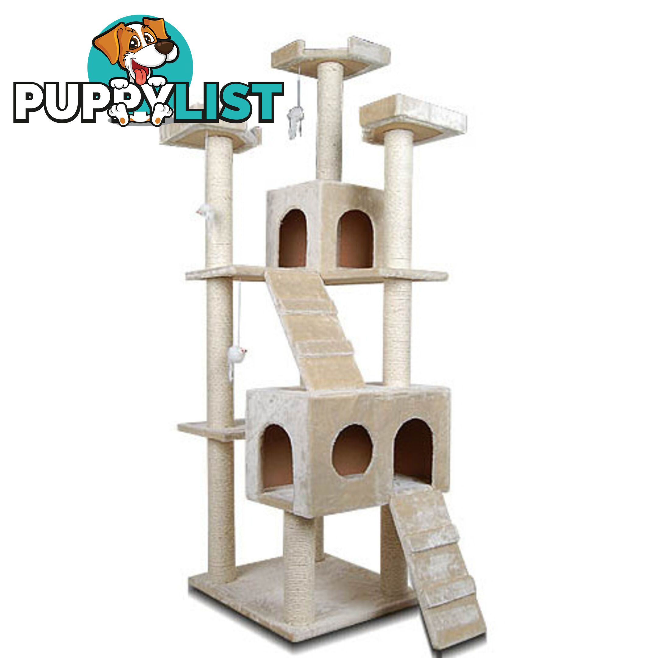 Multi Level Cat Scratching Poles Tree w/ Ladder Beige