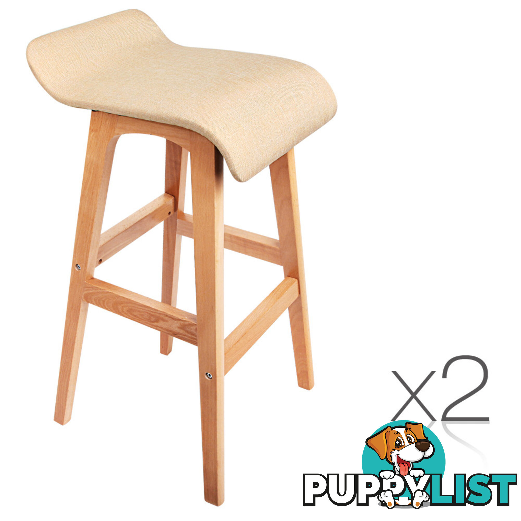 2 x Beech Wood Fabric Bar Stools - Beige