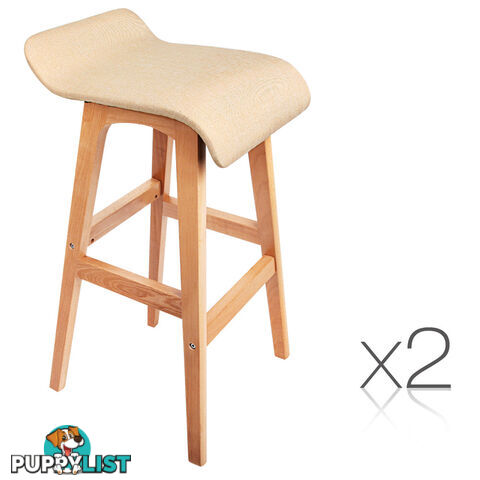 2 x Beech Wood Fabric Bar Stools - Beige