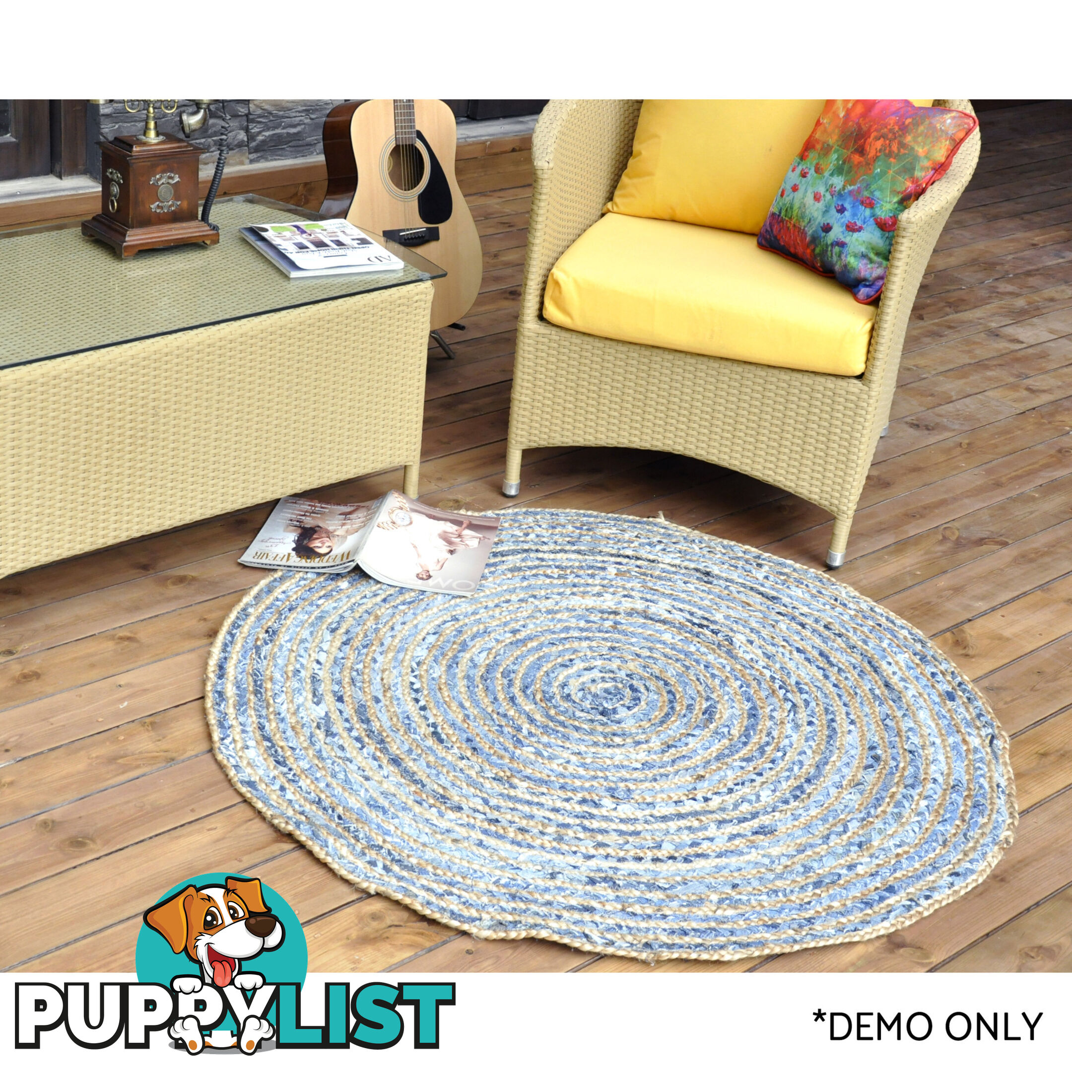 Denim Round Rug Natural & Denim Blue 120x120cm