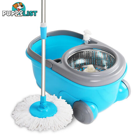 360 Degree Spinning Mop Microfibre Spin Dry Bucket with 2 Mop Heads - Blue