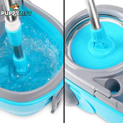 360 Degree Spinning Mop Microfibre Spin Dry Bucket with 2 Mop Heads - Blue