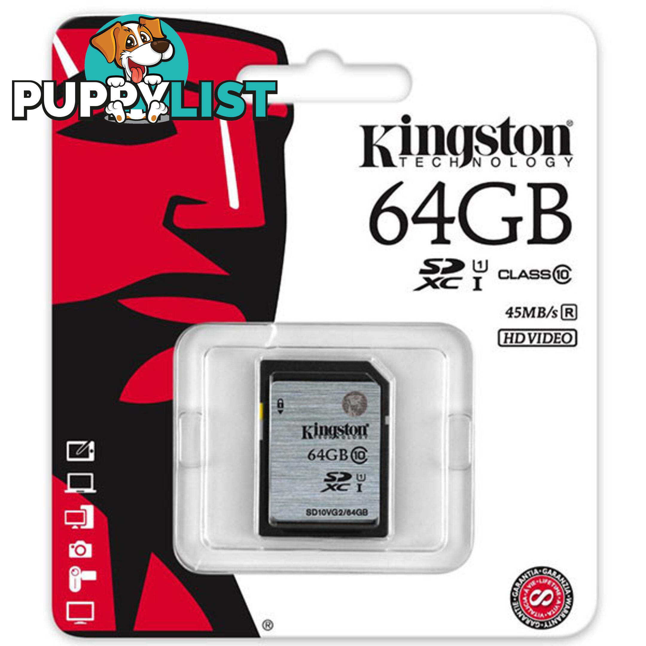 KINGSTON 64GB SDXC Class10 UHS-I 80MB/s Read Flash Card  Retail   (SD10VG2/64GBFR)