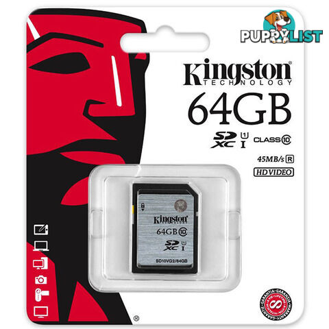 KINGSTON 64GB SDXC Class10 UHS-I 80MB/s Read Flash Card  Retail   (SD10VG2/64GBFR)