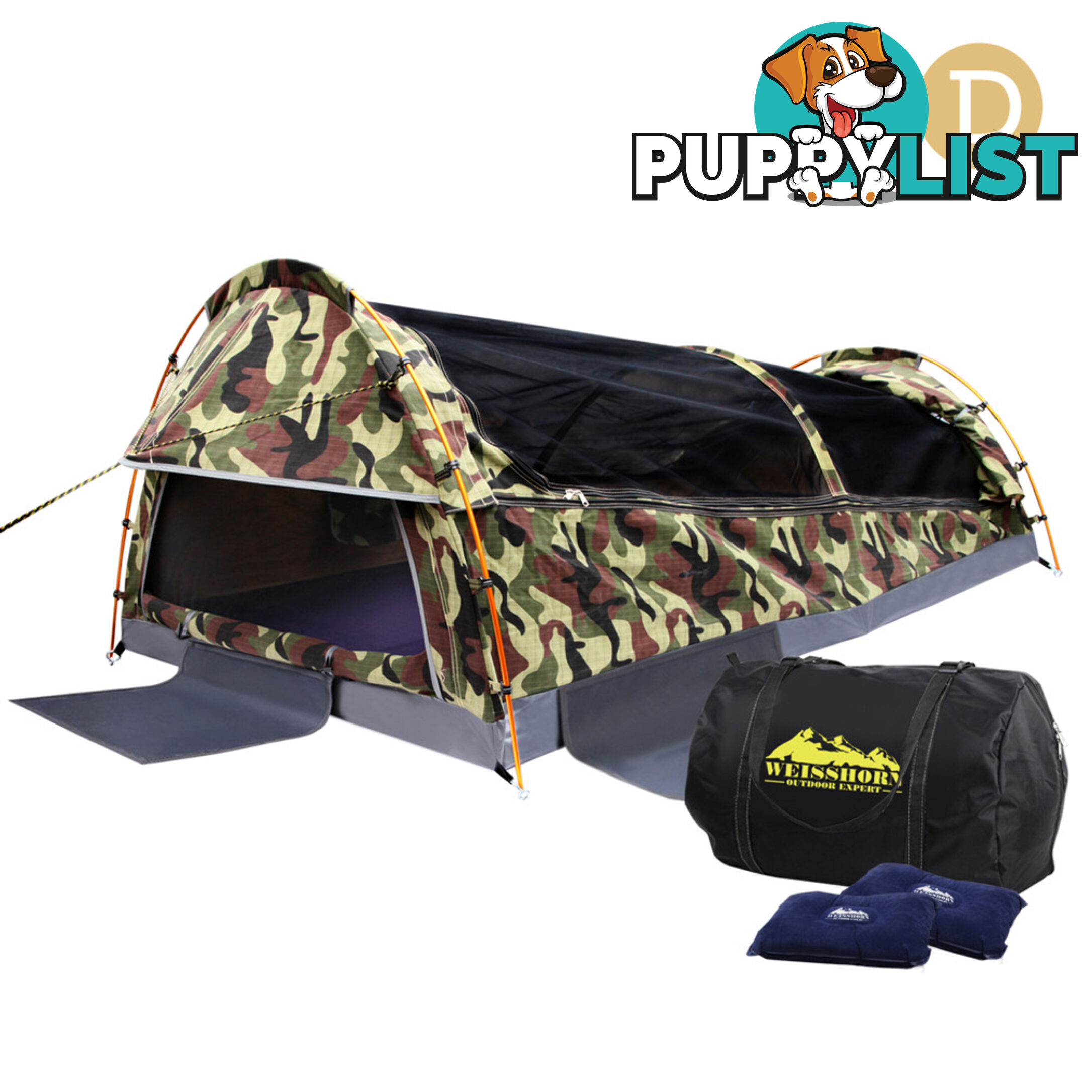 Double Camping Canvas Swag Tent Green Camouflage w/ Bag