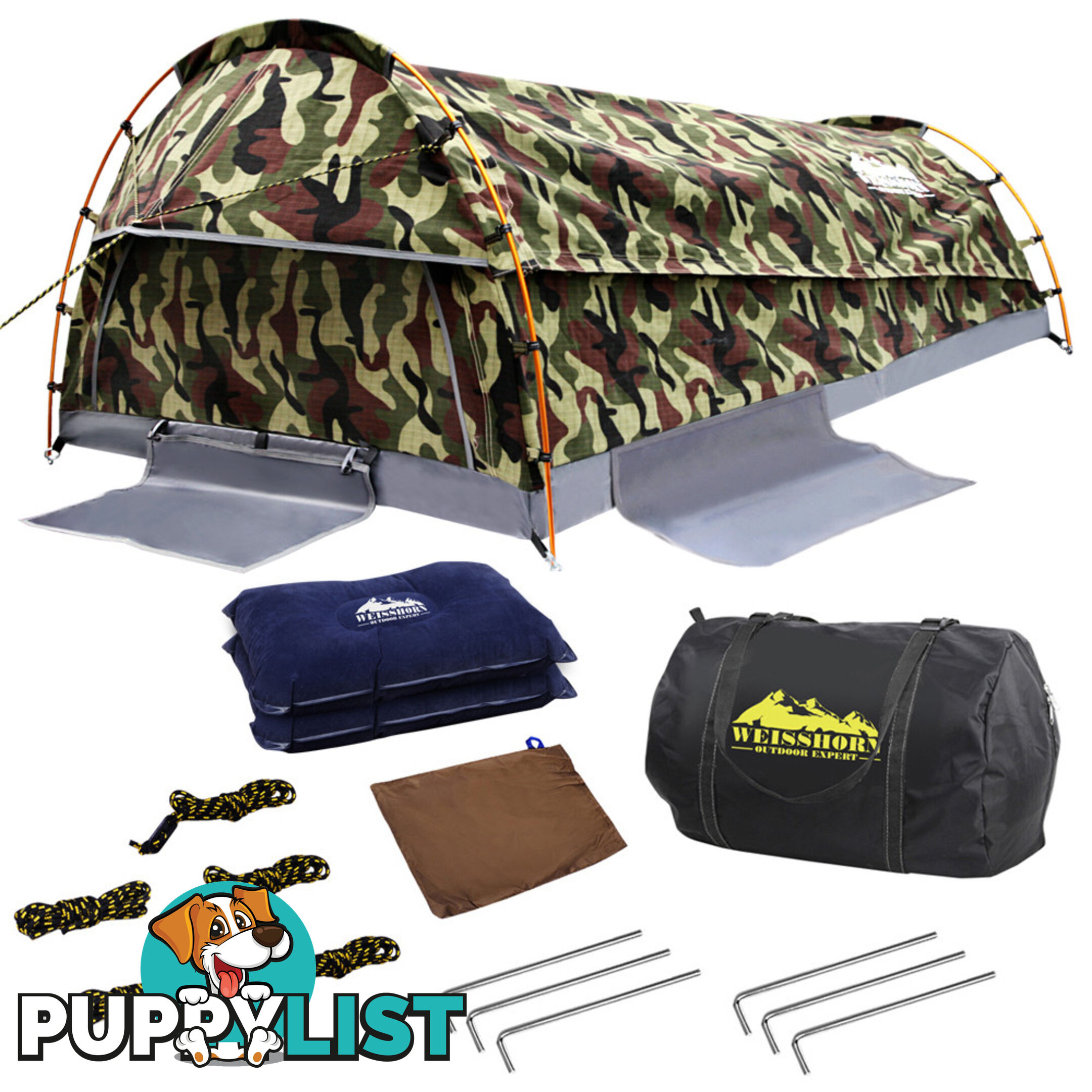 Double Camping Canvas Swag Tent Green Camouflage w/ Bag