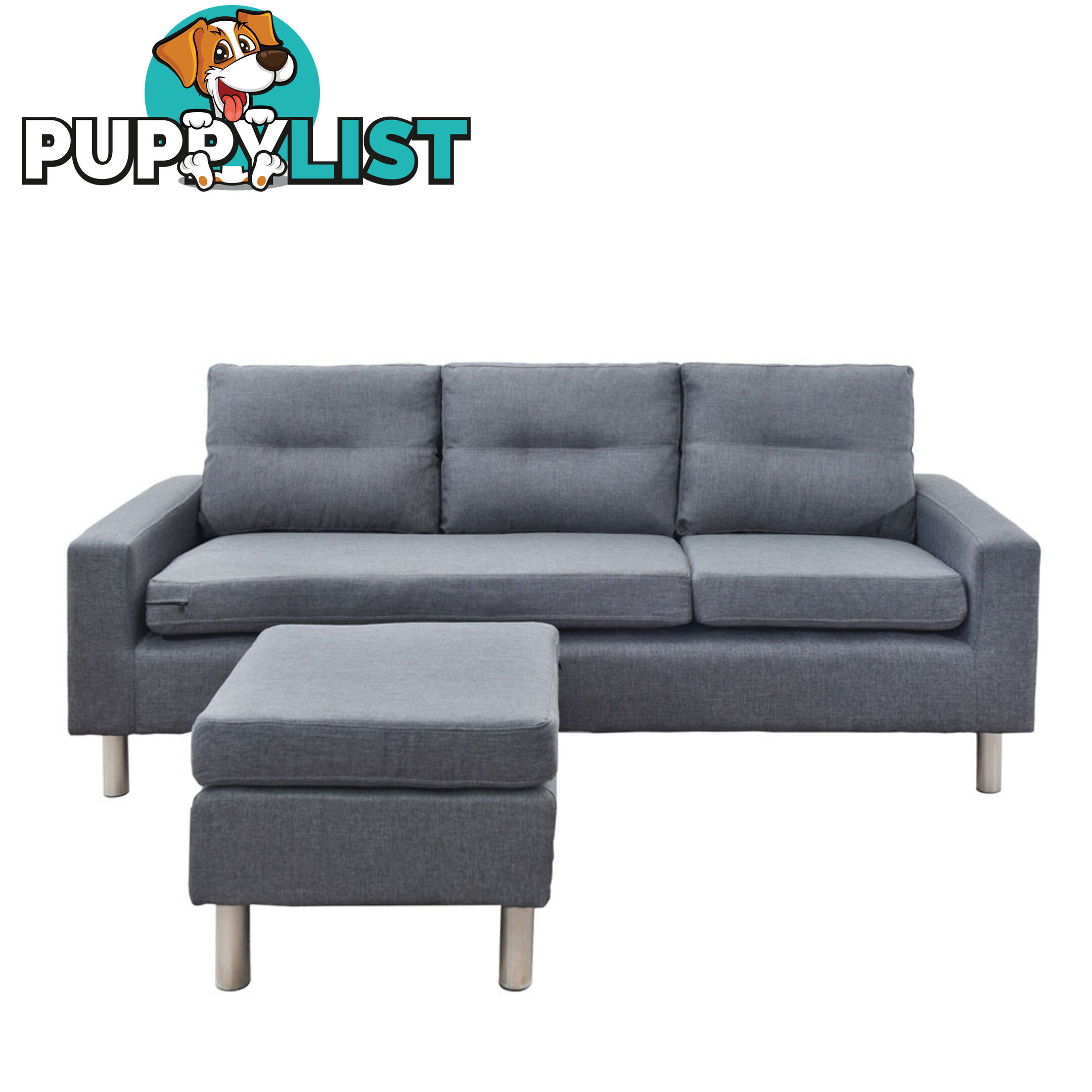 Four Seater Faux Linen Fabric Sofa with Ottoman Grey