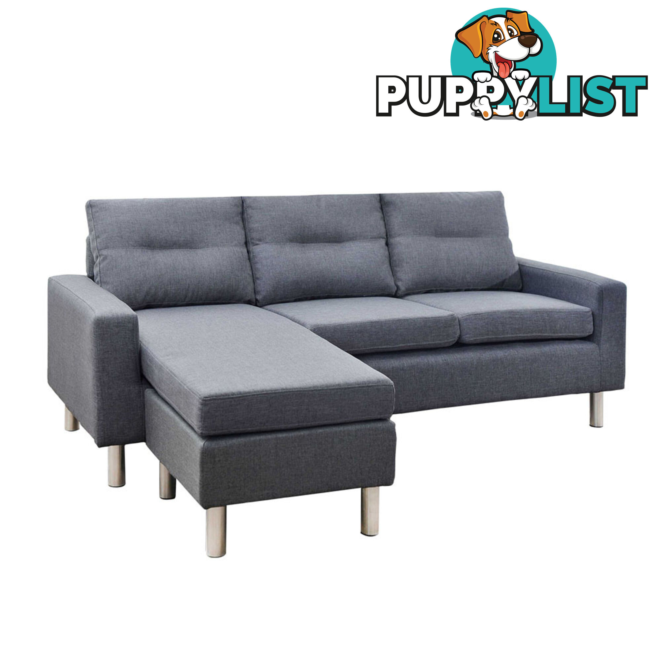 Four Seater Faux Linen Fabric Sofa with Ottoman Grey