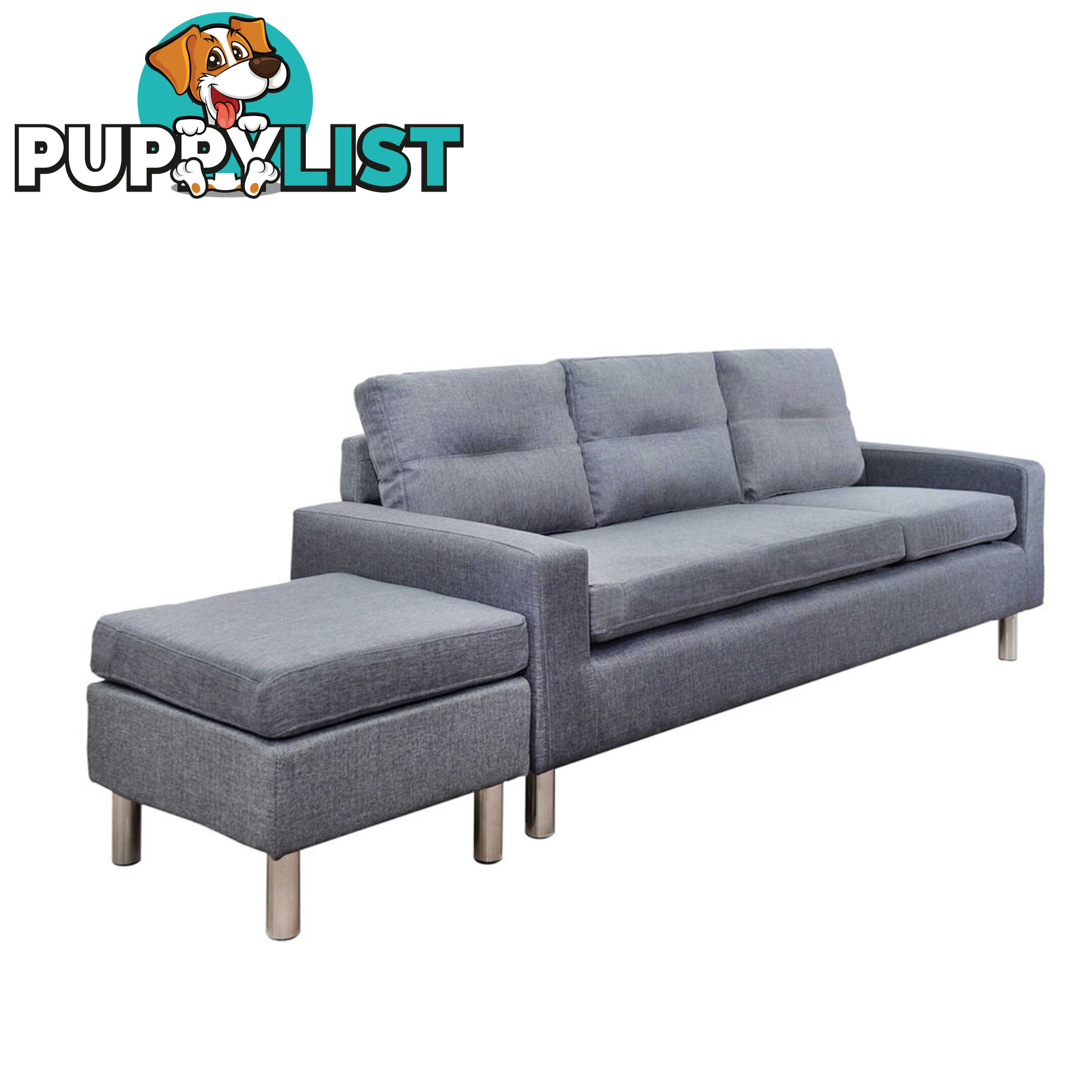 Four Seater Faux Linen Fabric Sofa with Ottoman Grey