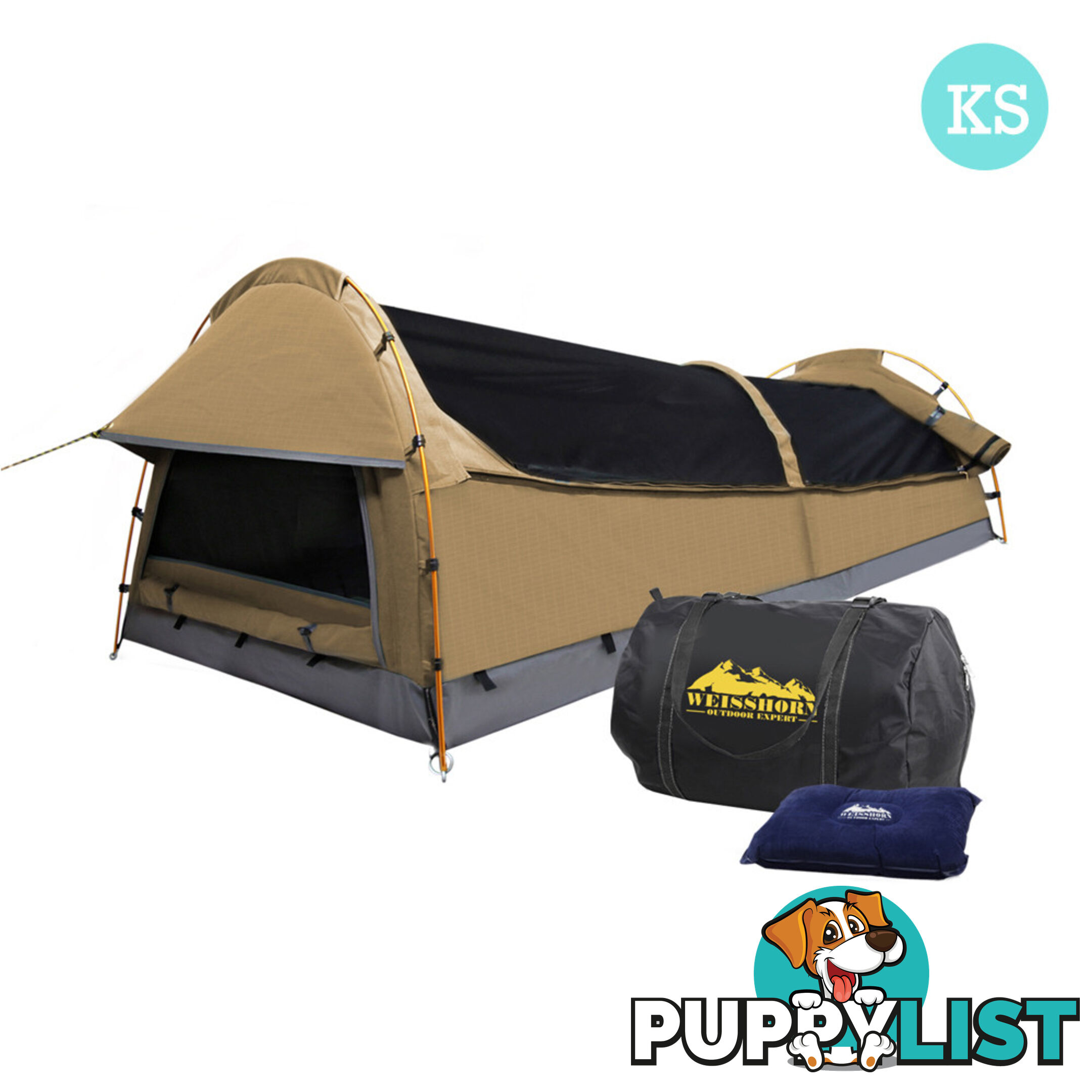 King Single Camping Canvas Swag Tent Beige with Air Pillow