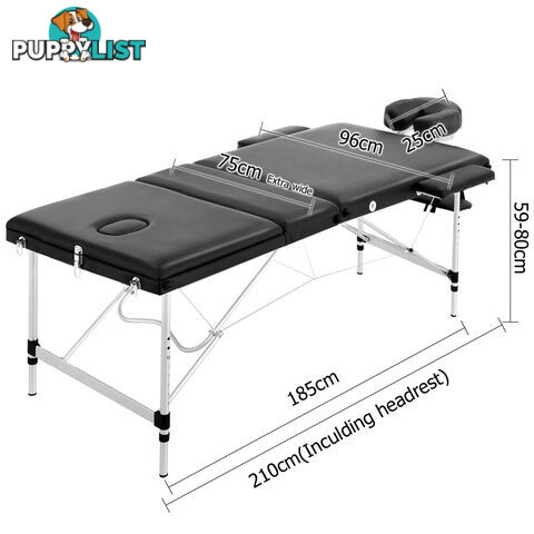 Portable Aluminium 3 Fold Massage Table Chair Bed Black 75cm