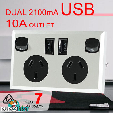 10A Double Australian USB Power Point Supply 2 Socket Switch Wall Plug Black