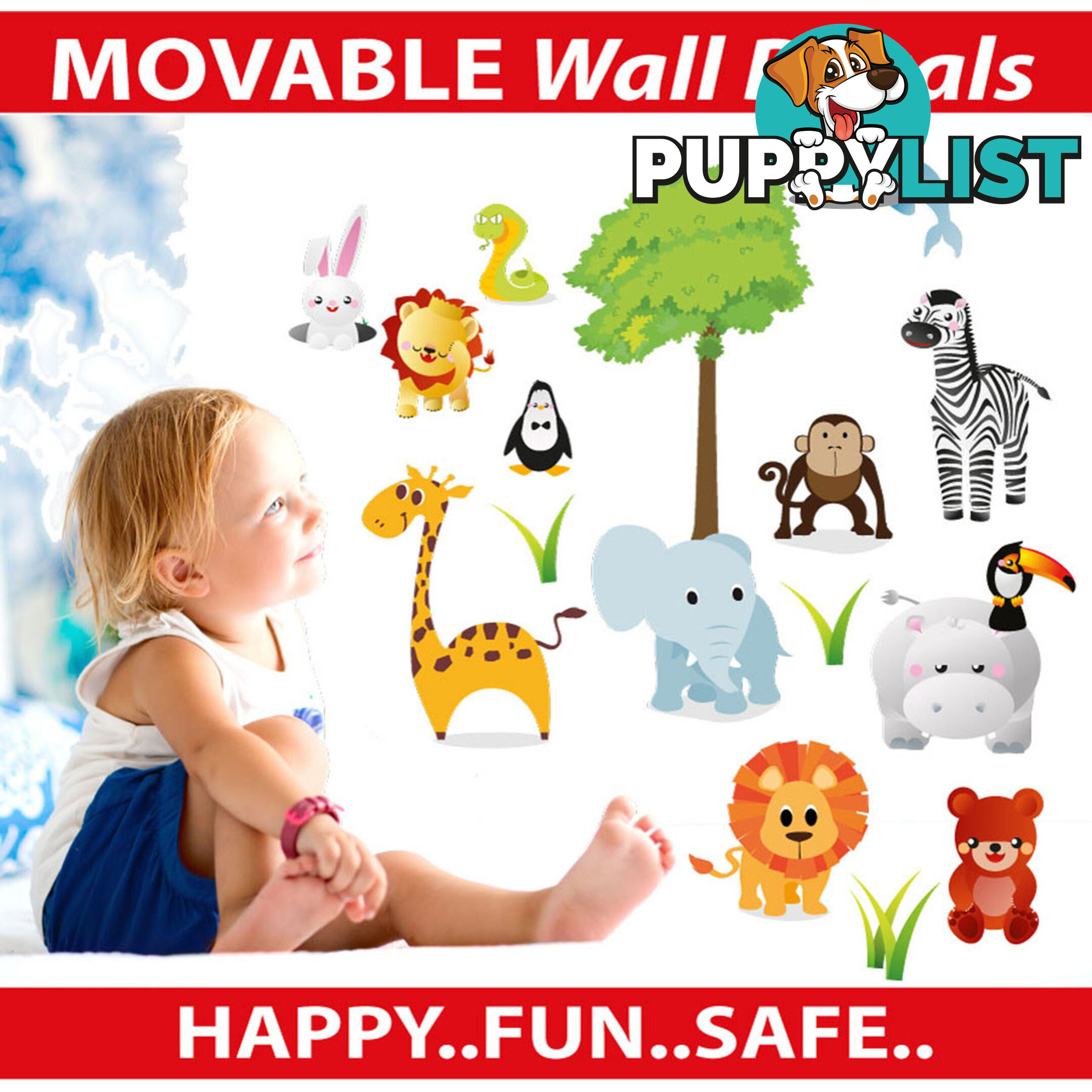 Medium Size Cute Zoo Animals Kids Wall Stickers - Totally Movable