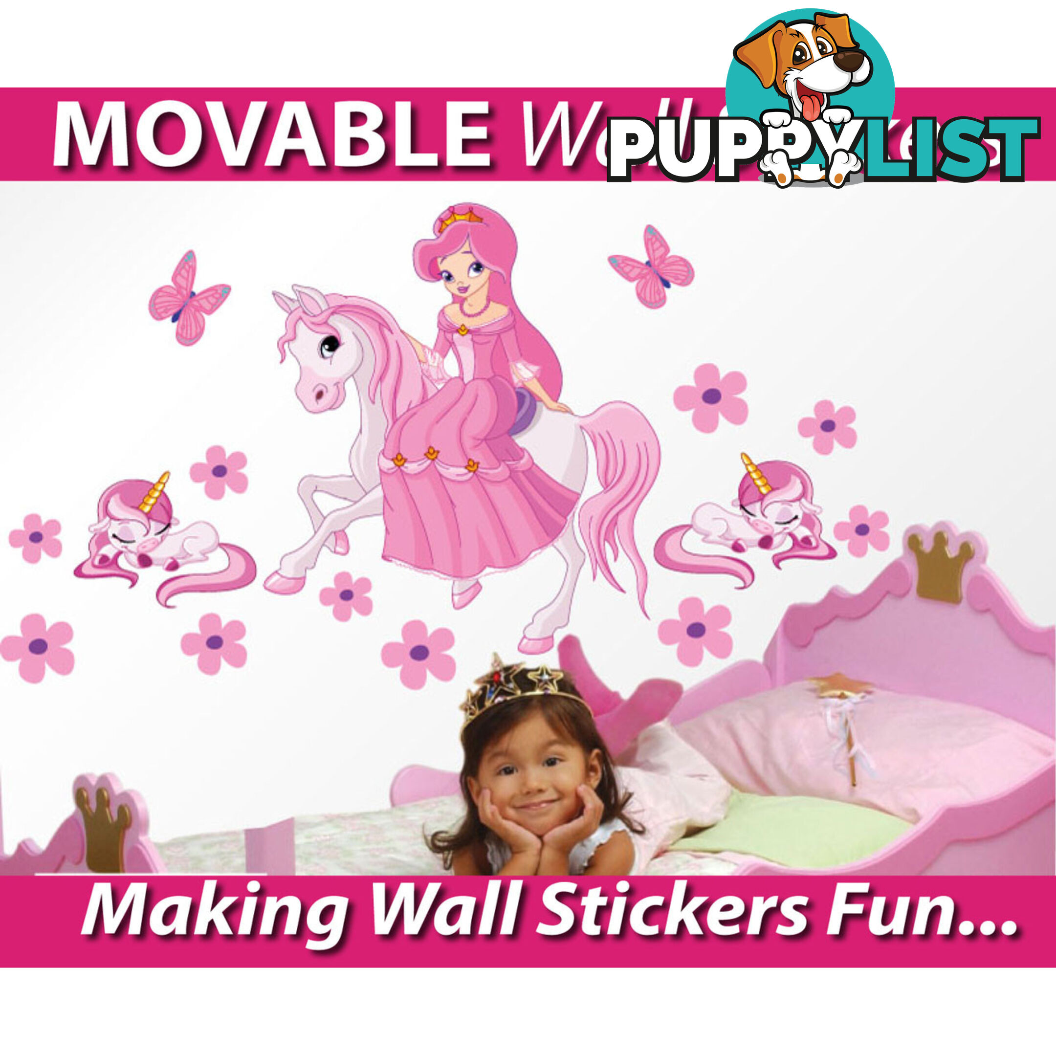 Medium Size Princess on a horse with unicorns Wall Sticker - Totally Movable