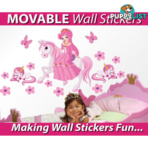 Medium Size Princess on a horse with unicorns Wall Sticker - Totally Movable