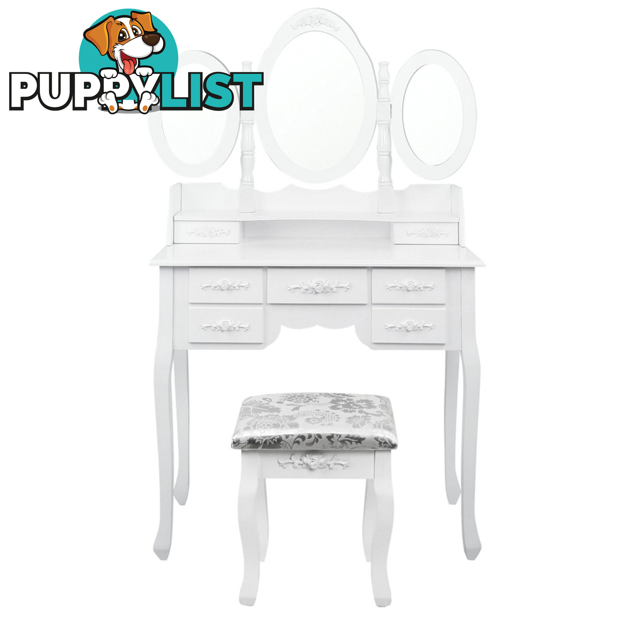 7 Drawer Dressing Table w/ Mirror White