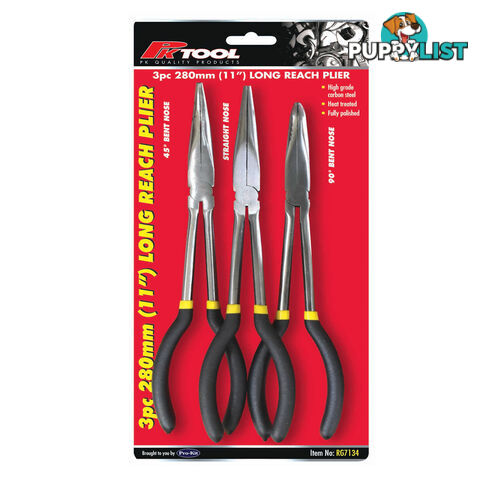 Plier 3pc Set Long Reach 280mm Straight, 45, 90 degree Serrated Jaws SKU - RG7134