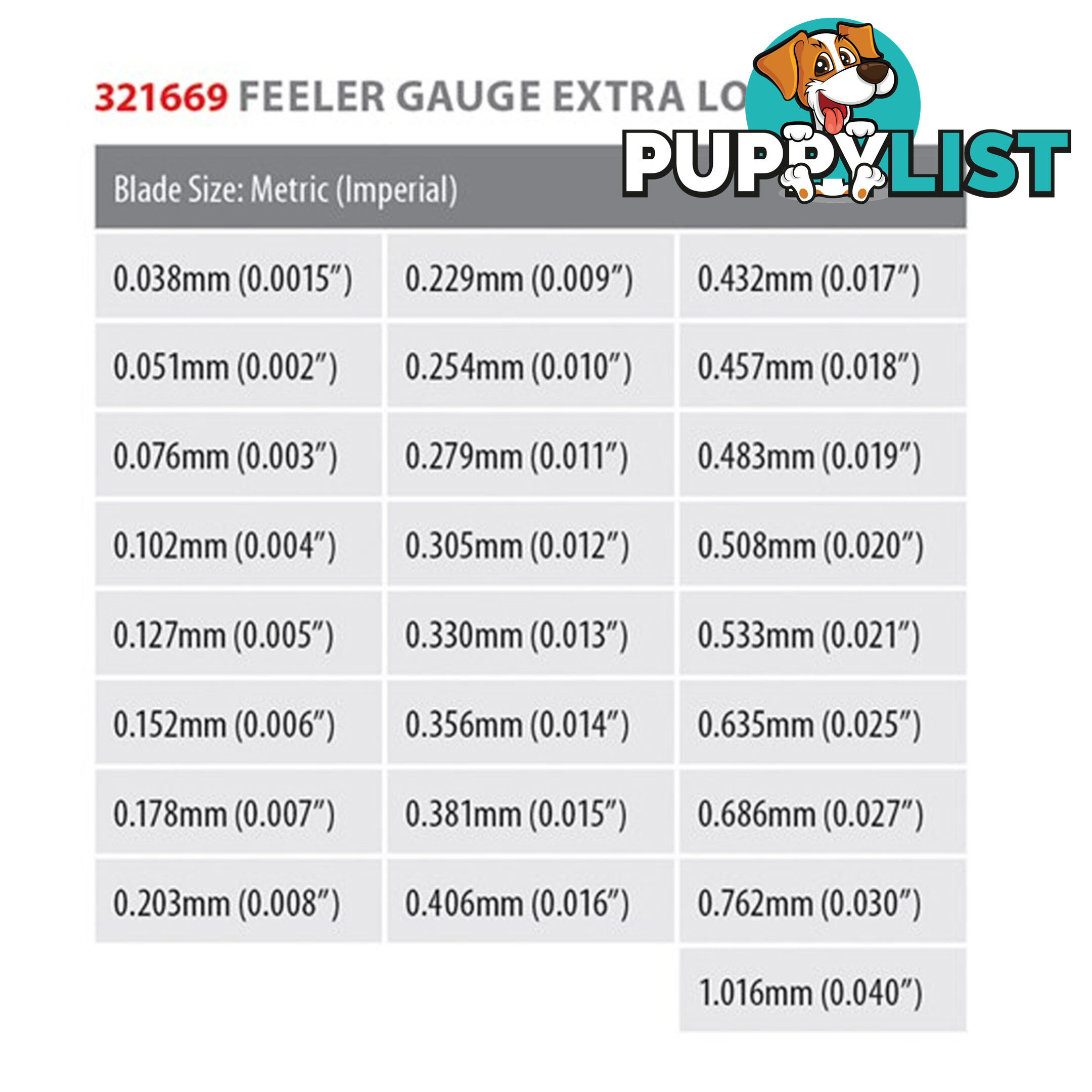 Toledo Feeler Gauge Straight 25 Blade Metric / Imperial 0.038  - 1.016mm SKU - 321669