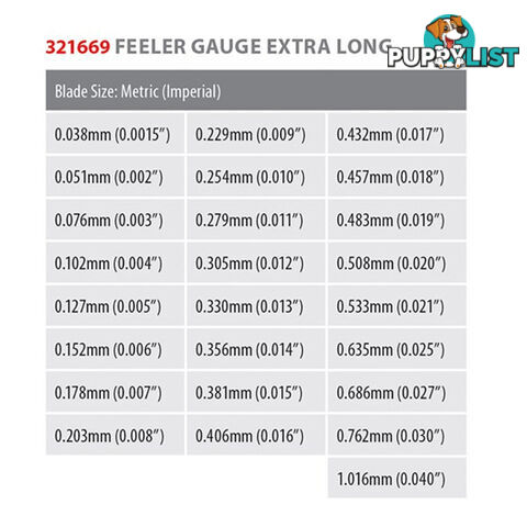 Toledo Feeler Gauge Straight 25 Blade Metric / Imperial 0.038  - 1.016mm SKU - 321669