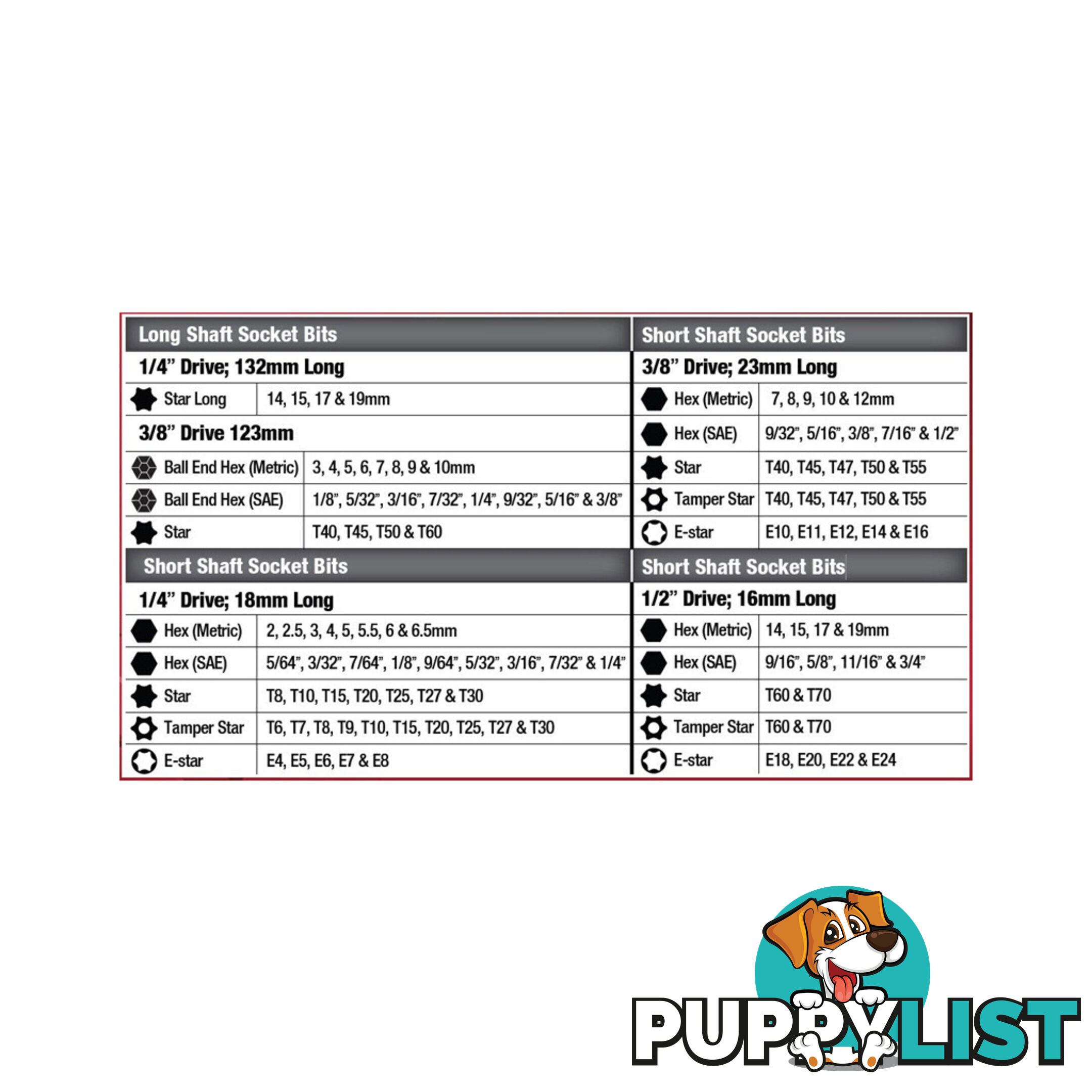 Pk Tools Bits Socket Set Long, Short Hex, Tamper   E-Star  - 107pc SKU - PT11960