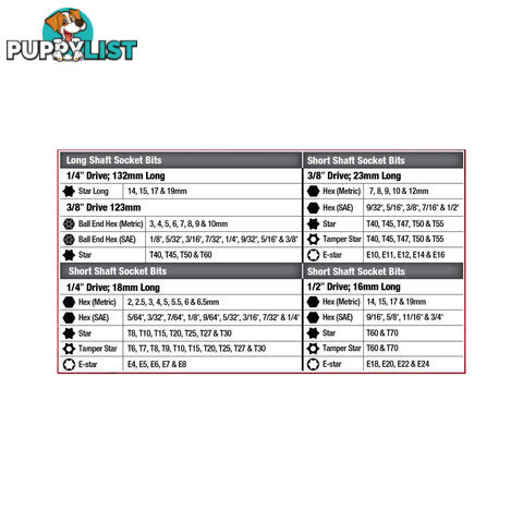 Pk Tools Bits Socket Set Long, Short Hex, Tamper   E-Star  - 107pc SKU - PT11960